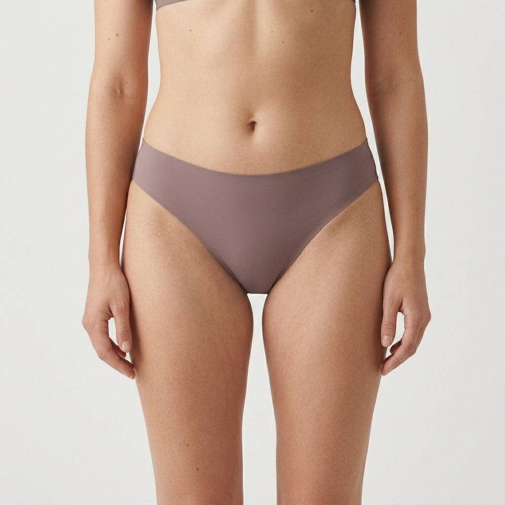 Hüftige Periodenunterhose in Mauve. Frontale Ansicht einer Frau, die das Produkt trägt. Nahtlose Verarbeitung.