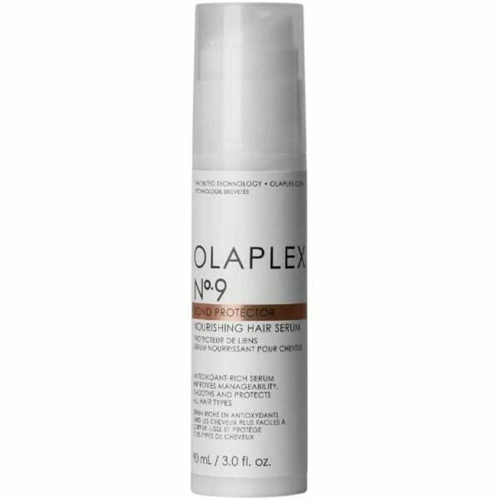 Weißer Olaplex No.9 Bond Protector Flakon mit Pumpe. Aufschrift: Nourishing Hair Serum. Brauner Streifen mit Produktnamen.