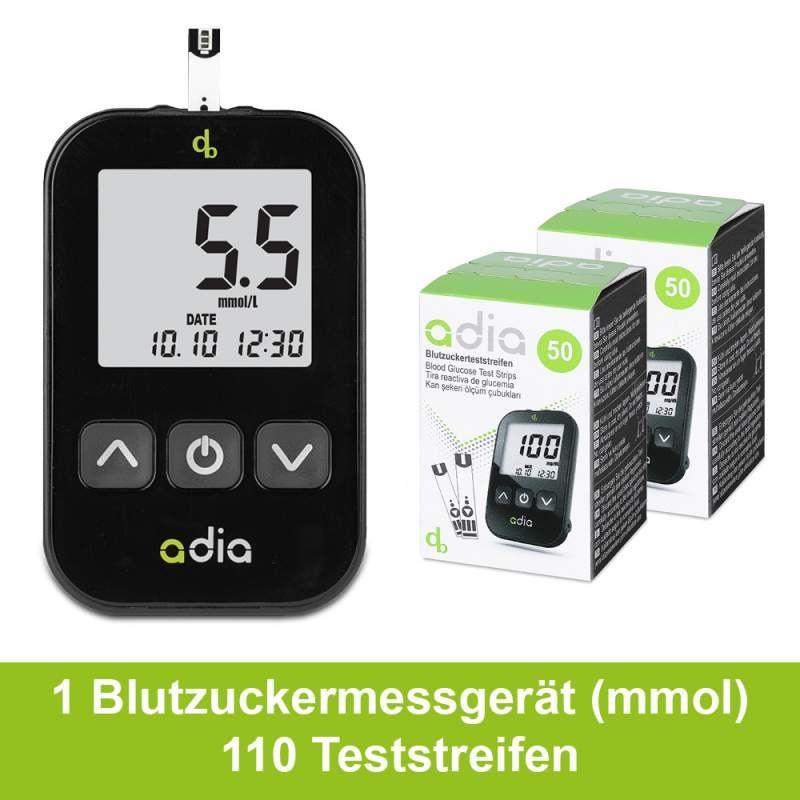 adia Diabetes-Set: Blutzuckermessgerät (mmol/L) mit 110 Blutzuckerteststreifen 1 St Set