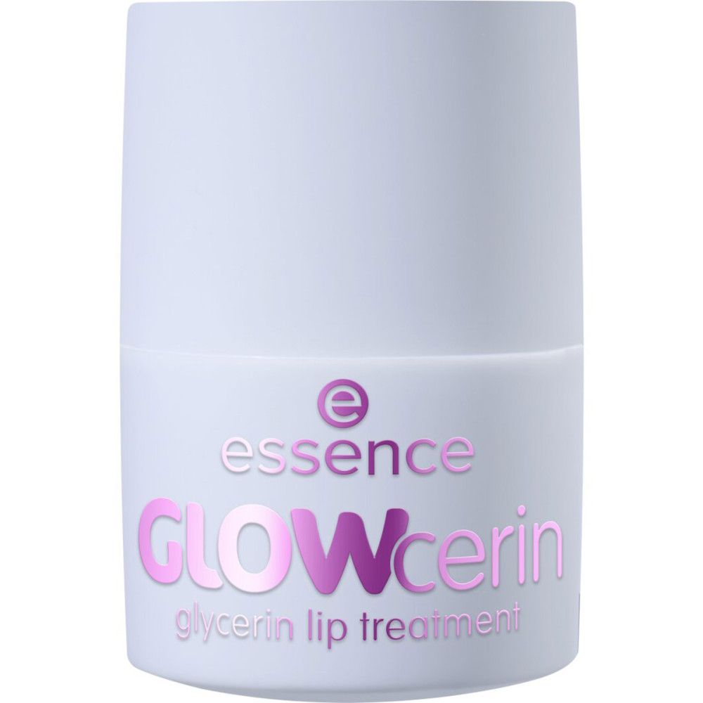 Essence Glowcerin Lippenpflege. Weißer Behälter mit rosa Schrift. Produktansicht.
