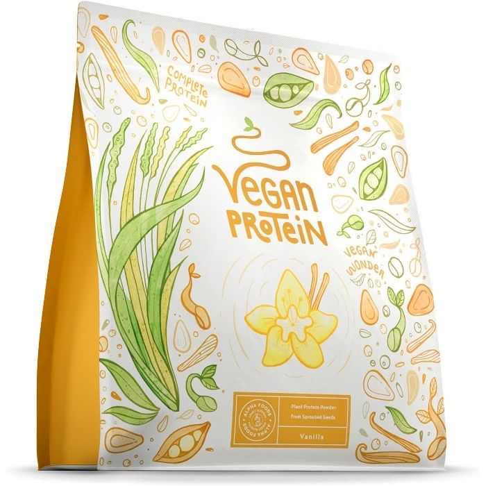 Packung veganes Vanilleprotein mit Getreide- und Samenillustrationen und Zertifizierungen.