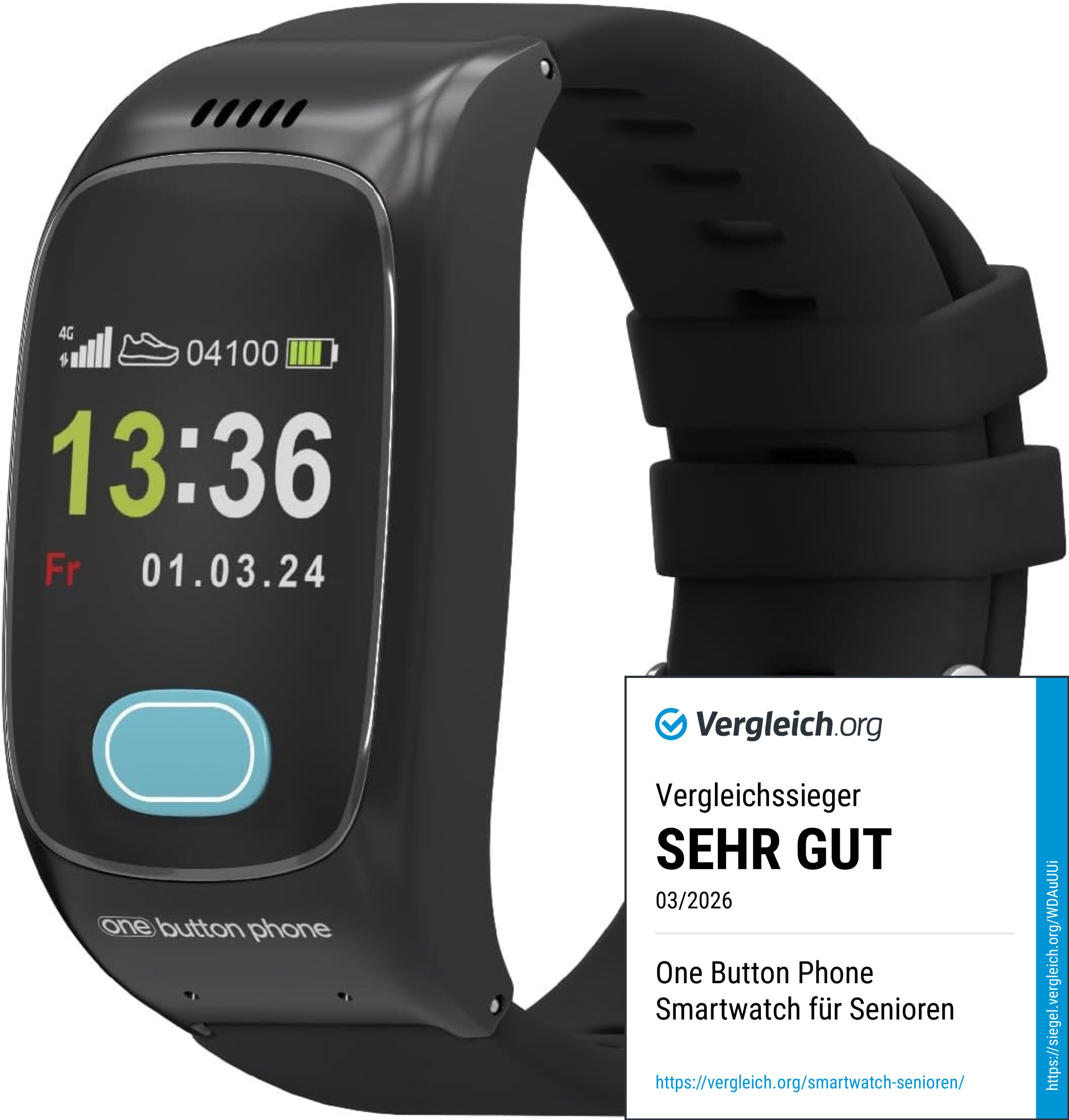 Schwarze Smartwatch mit digitaler Anzeige. Zeigt Uhrzeit und Datum. Logo: One Button Phone. Auszeichnung: Sehr Gut.