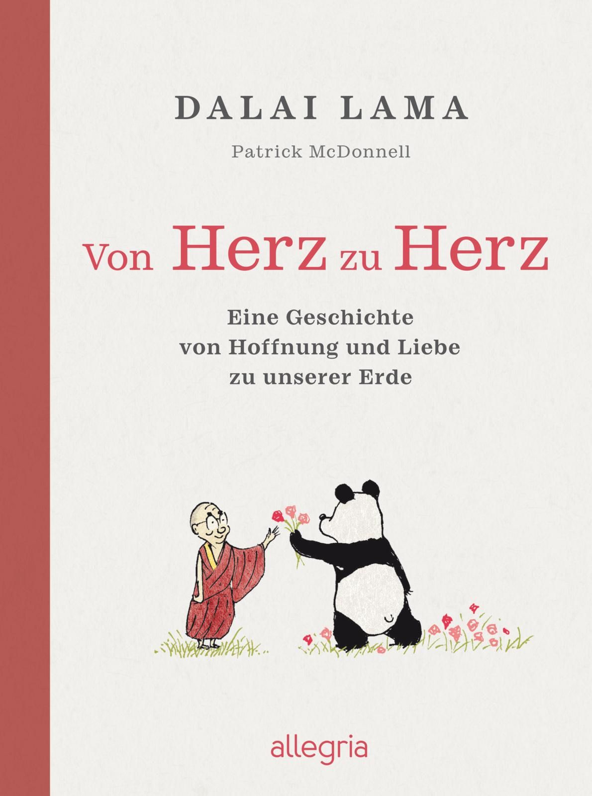 Buchcover: Titel "Von Herz zu Herz". Autor: Dalai Lama. Illustration: Mönch und Panda mit Blumen.
