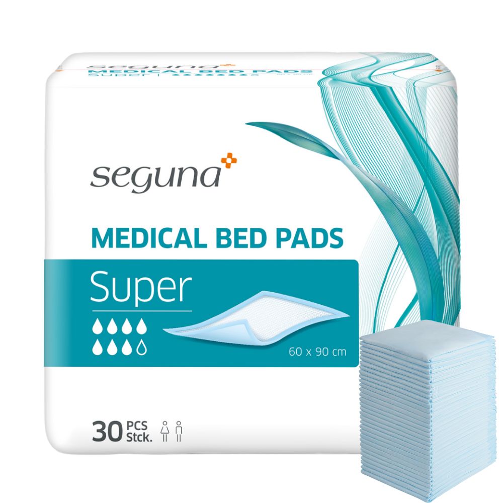 Verpackung SEGUNA Medical Bed Pads Super, 30 Stück. Stapel Bettschutzunterlagen daneben.