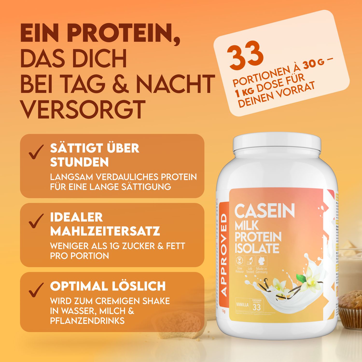 Weiße Dose Casein Milk Protein Isolate. Text: Ein Protein, das dich bei Tag & Nacht versorgt. 33 Portionen. Ideal als Mahlzeitenersatz.