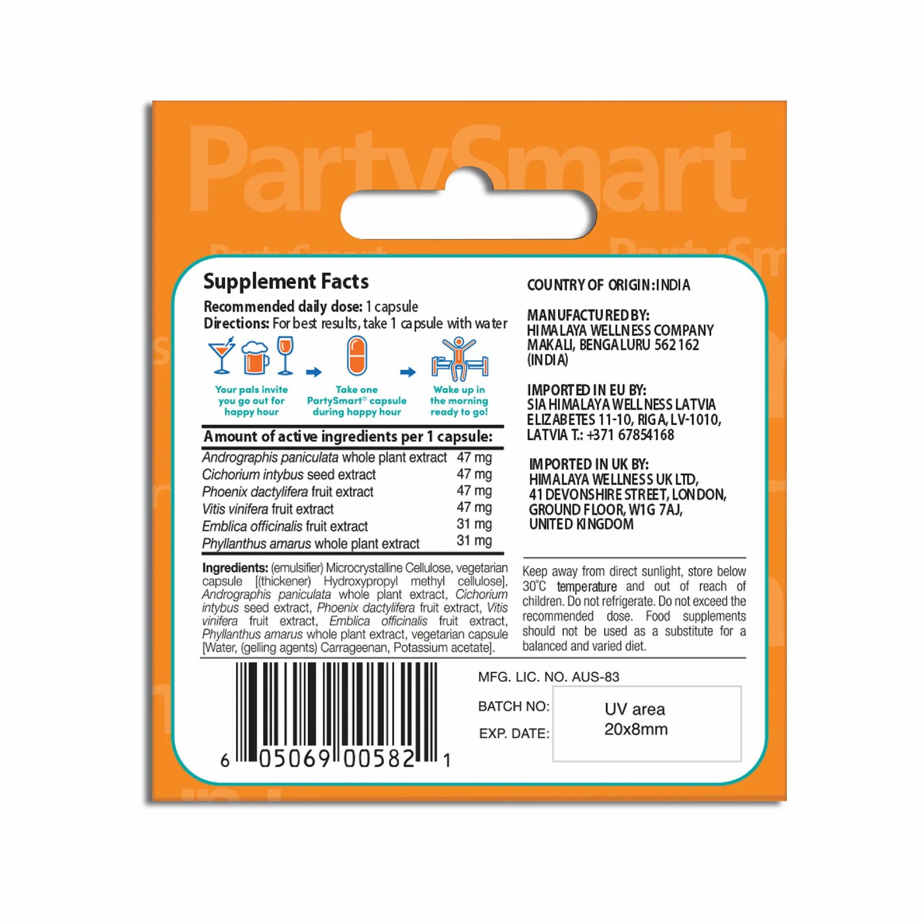 Verpackung von Himalaya Partysmart. Enthält eine Kapsel. Rückseite mit Inhaltsstoffen, Hersteller- und Importeurinformationen.