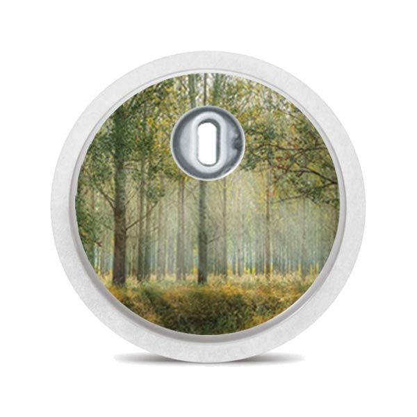 Runder Aufkleber mit Waldmotiv. Bäume mit Sonnenlicht. Weißer Rand, silberner Mittelteil.
