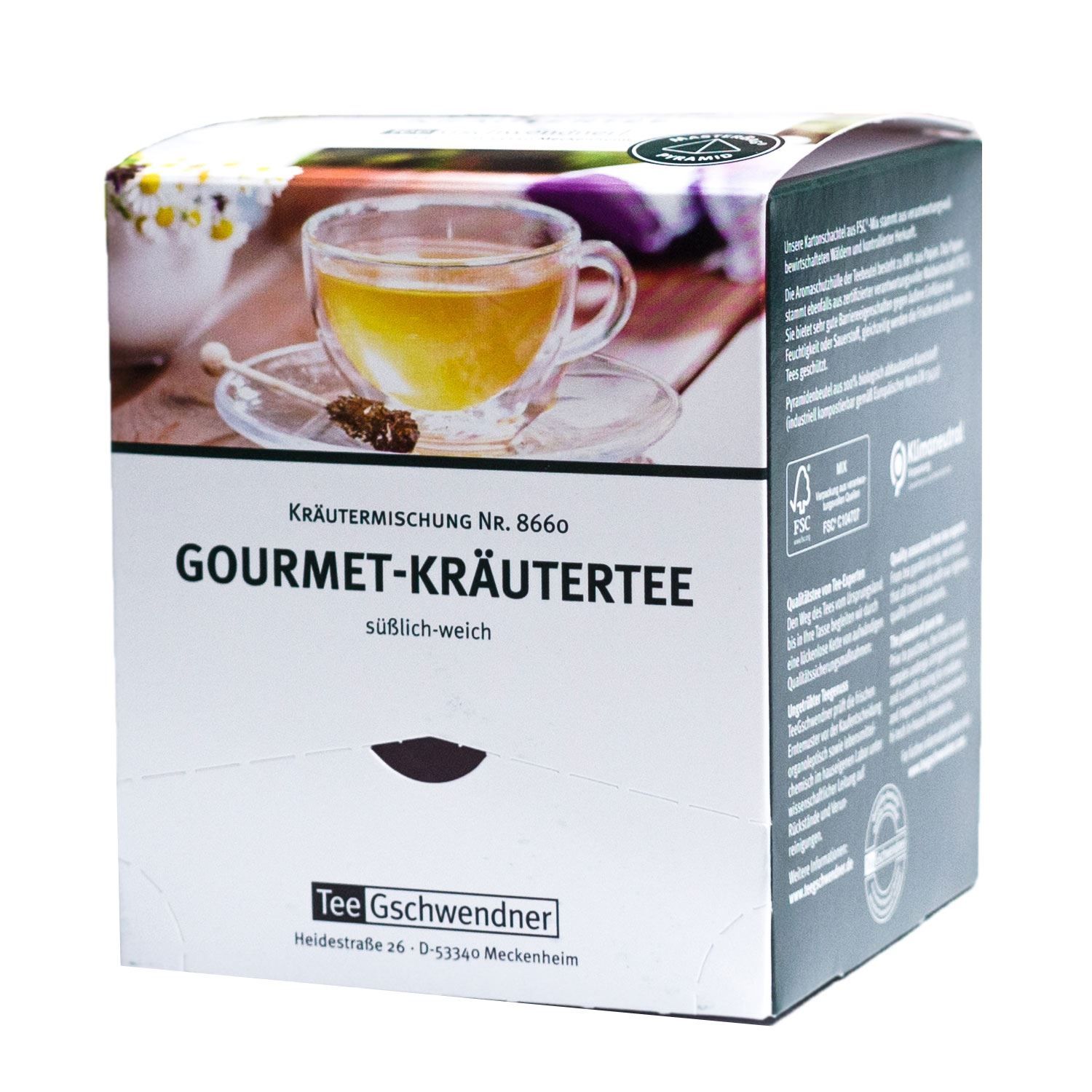 Karton mit Tee. Aufdruck: GOURMET-KRÄUTERTEE, Kräutermischung, Tee Gschwendner. Abbildung einer Teetasse.