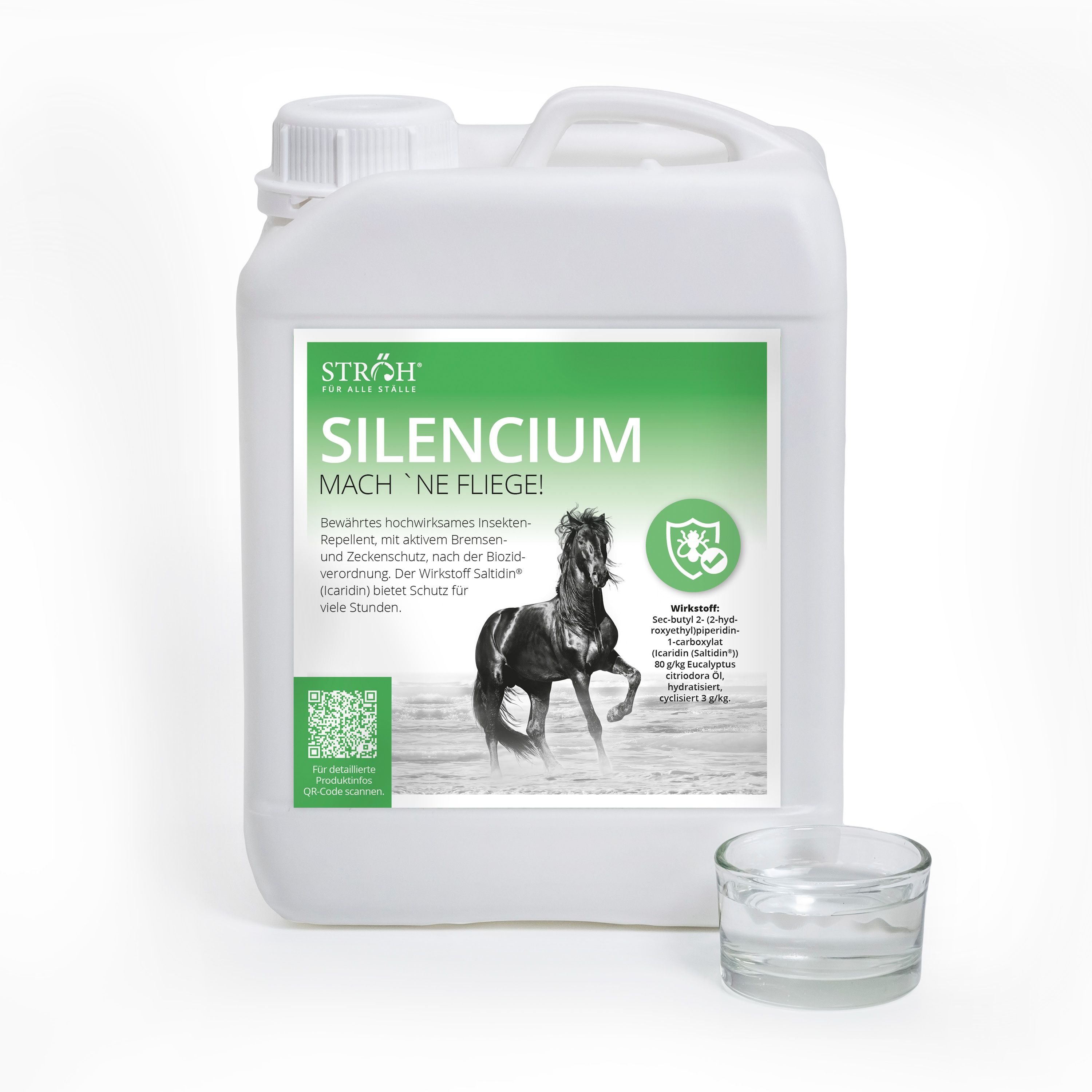 Weißer Kanister SILENCIUM, Produktetikett, Pferd-Illustration, Glasbehälter daneben. Text: Insektenrepellent, Schutz vor Zecken.