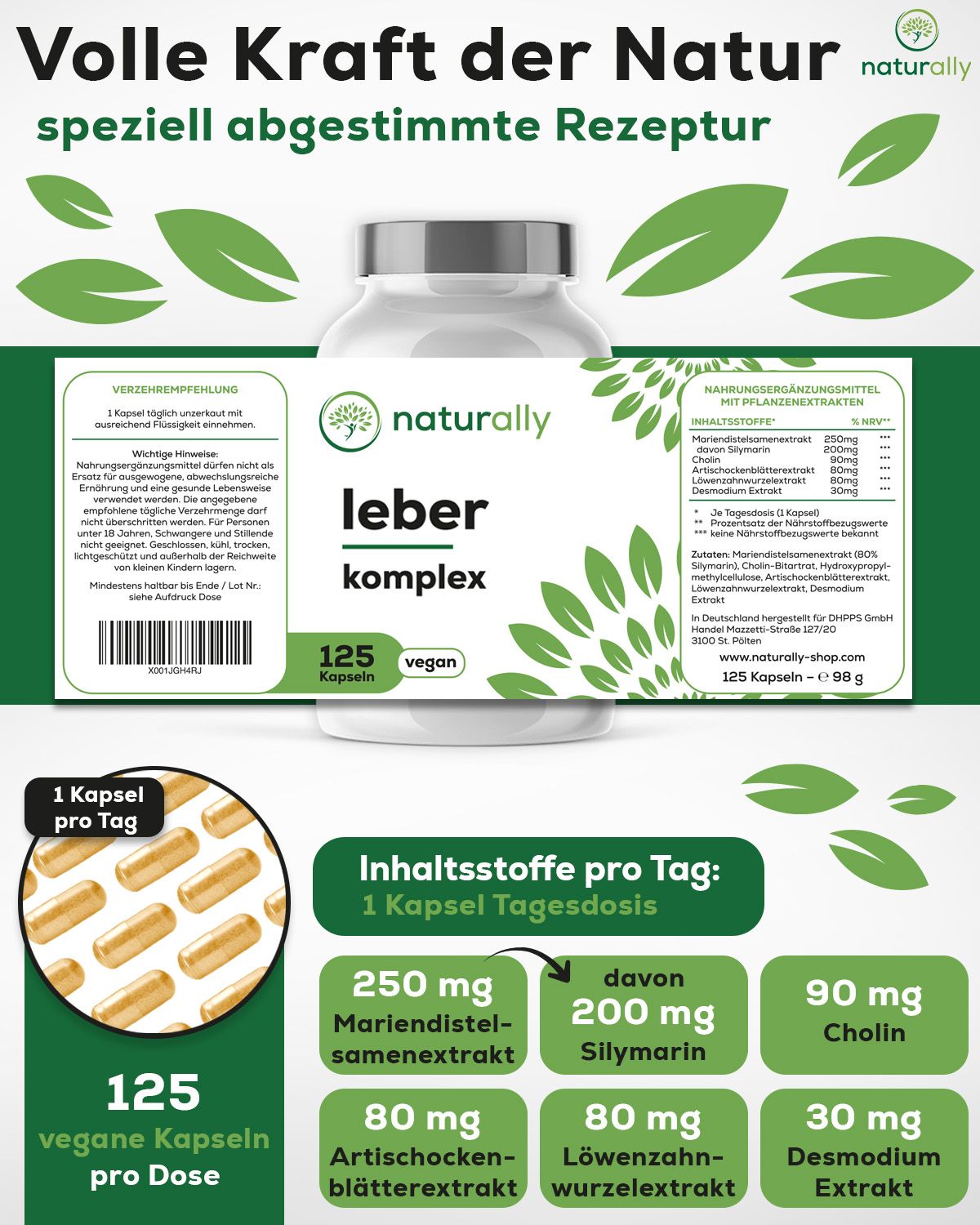 Weiße Flasche mit grünem Etikett. Aufschrift: naturally leber komplex. 125 Kapseln, vegan. Inhaltsstoffe pro Tag.
