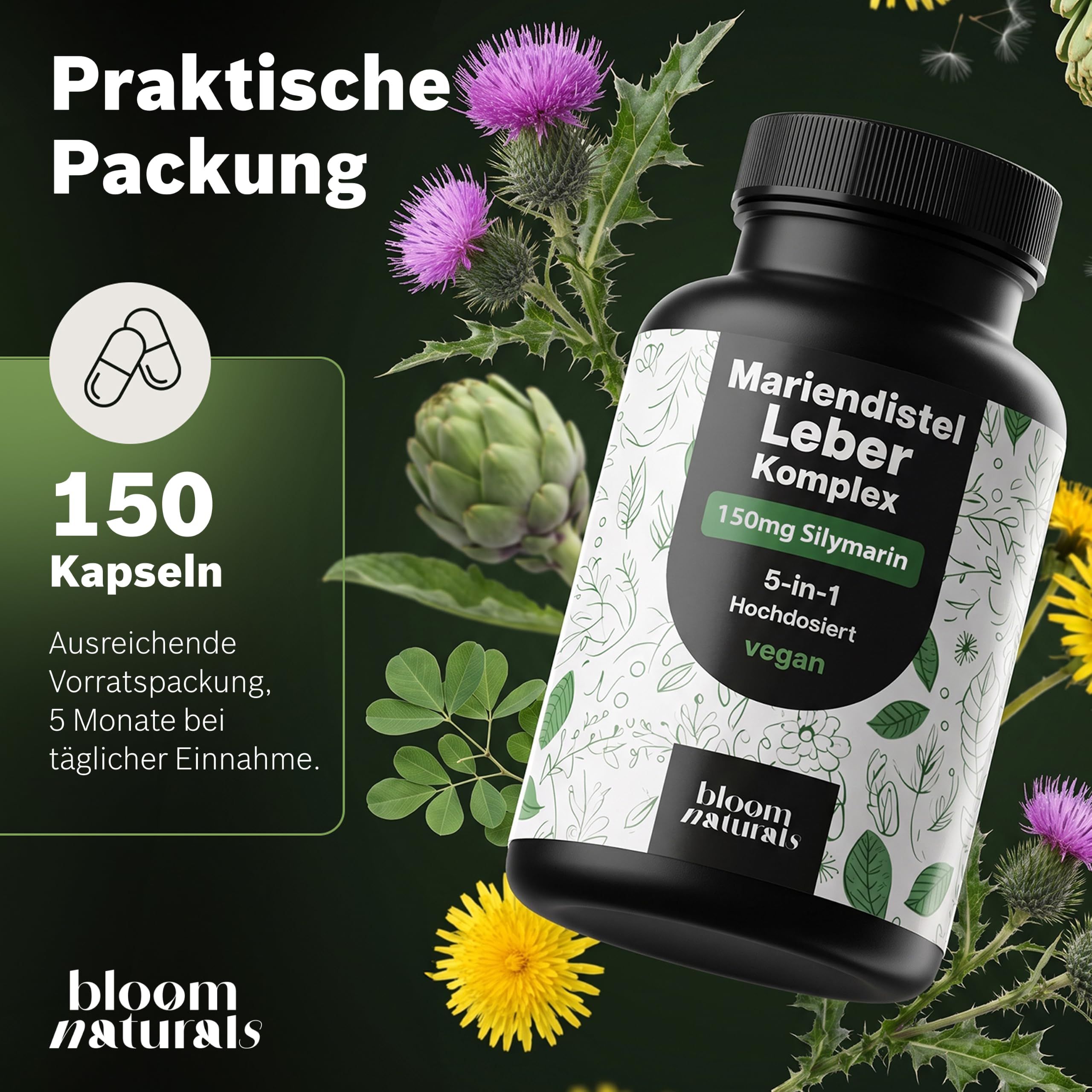 Bloom Naturals Leber Komplex Kapselbehälter, 150 Kapseln. Umgeben von Mariendistel und Artischockenblüten.