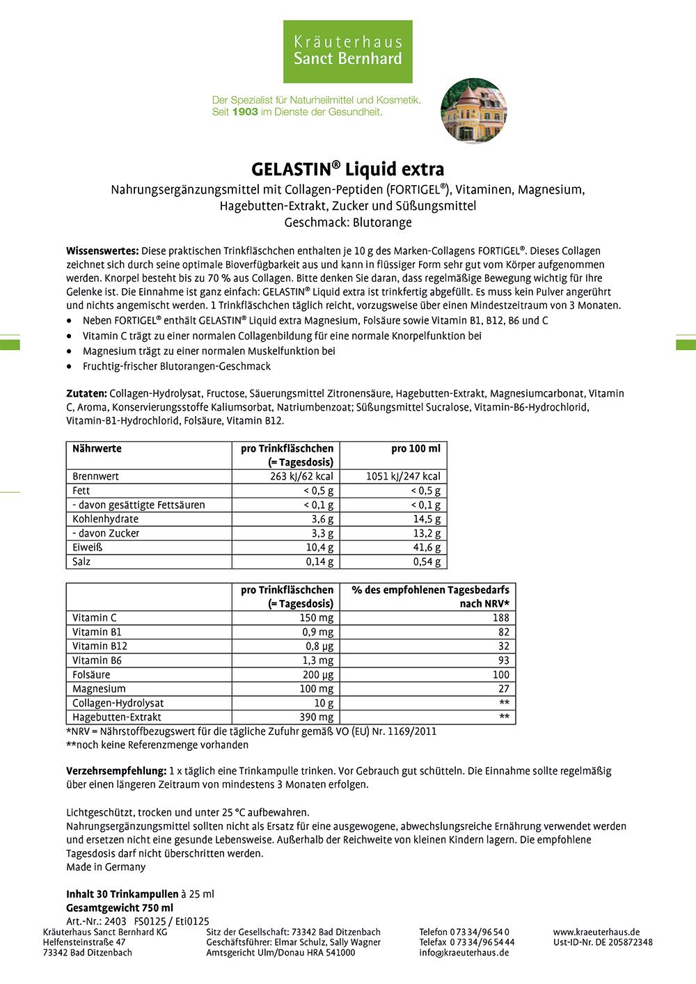 Produktinformationen auf weißem Papier. Enthält Nährwertangaben und Inhaltsstoffe. Aufschrift: GELASTIN® Liquid extra. Text in deutscher Sprache.