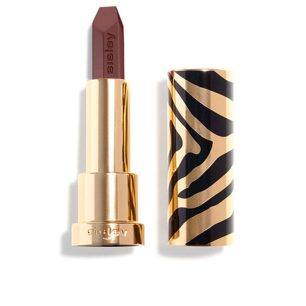 Goldfarbener Lippenstift mit brauner Mine. Der Deckel hat ein schwarz-goldenes Zebra-Muster. Auf dem Lippenstift steht "Sisley".