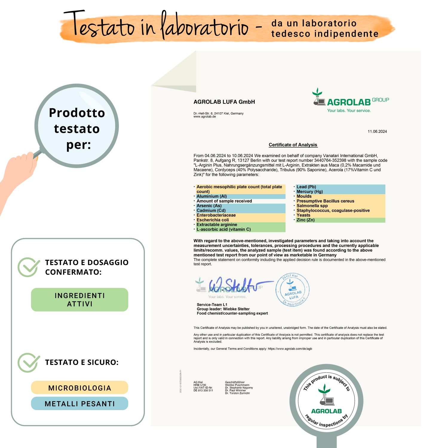 Certificato di Agrolab. Conferma test e dosaggio. Ingredienti, microbiologia, metalli pesanti. Prodotto testato per...