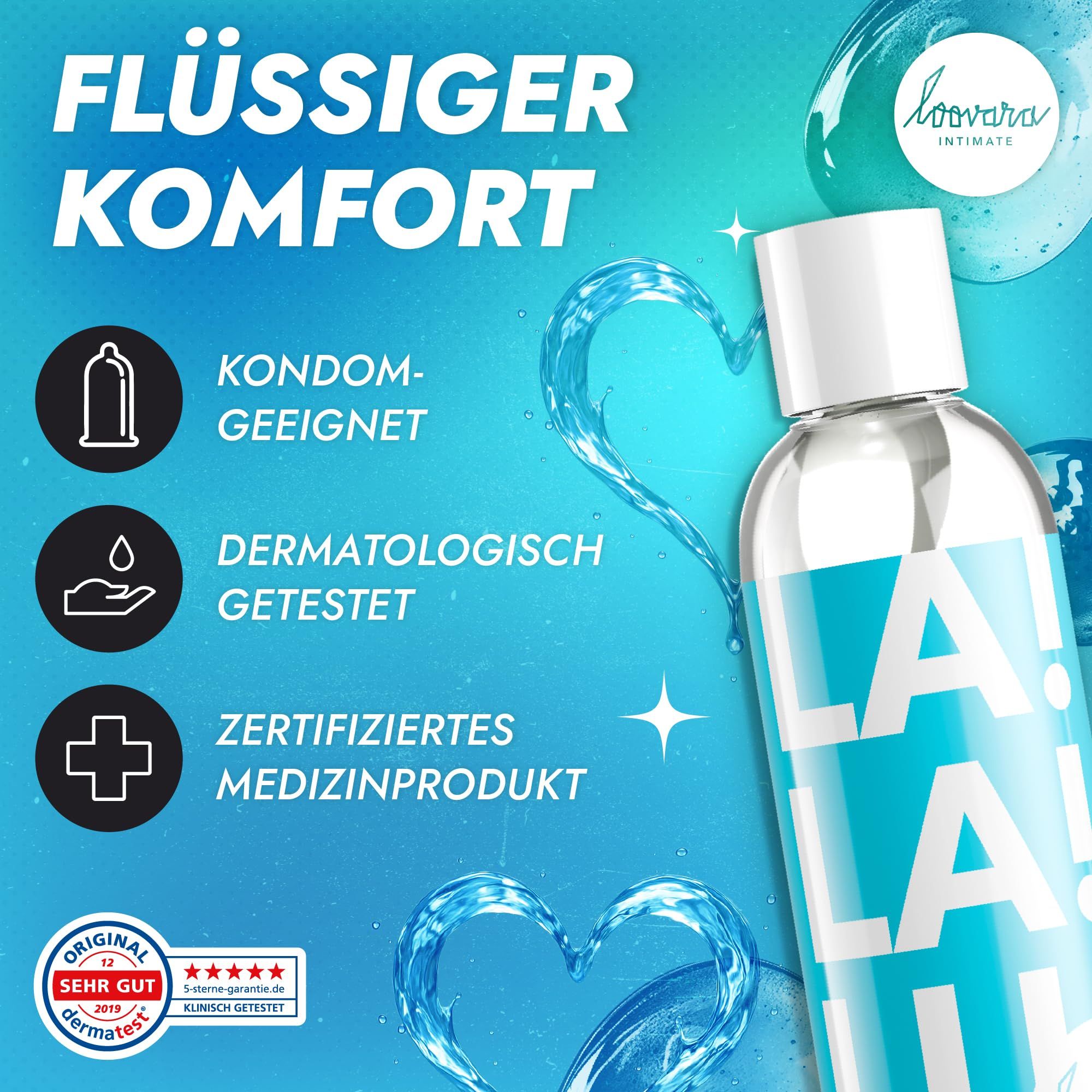 Gleitgel-Flasche mit Aufdruck 'LA LA BE'. Zertifiziertes Medizinprodukt, dermatologisch getestet.
