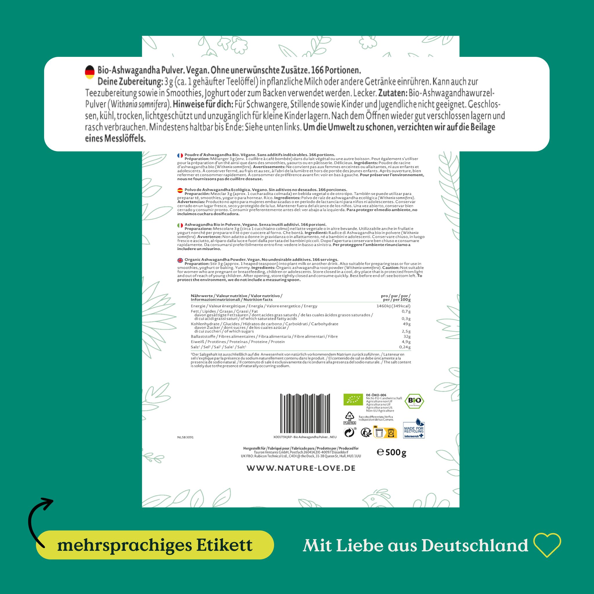 Rückseite der Verpackung von Bio-Ashwagandha Pulver. Text in mehreren Sprachen. Enthält Informationen zu Inhaltsstoffen und Anwendung.