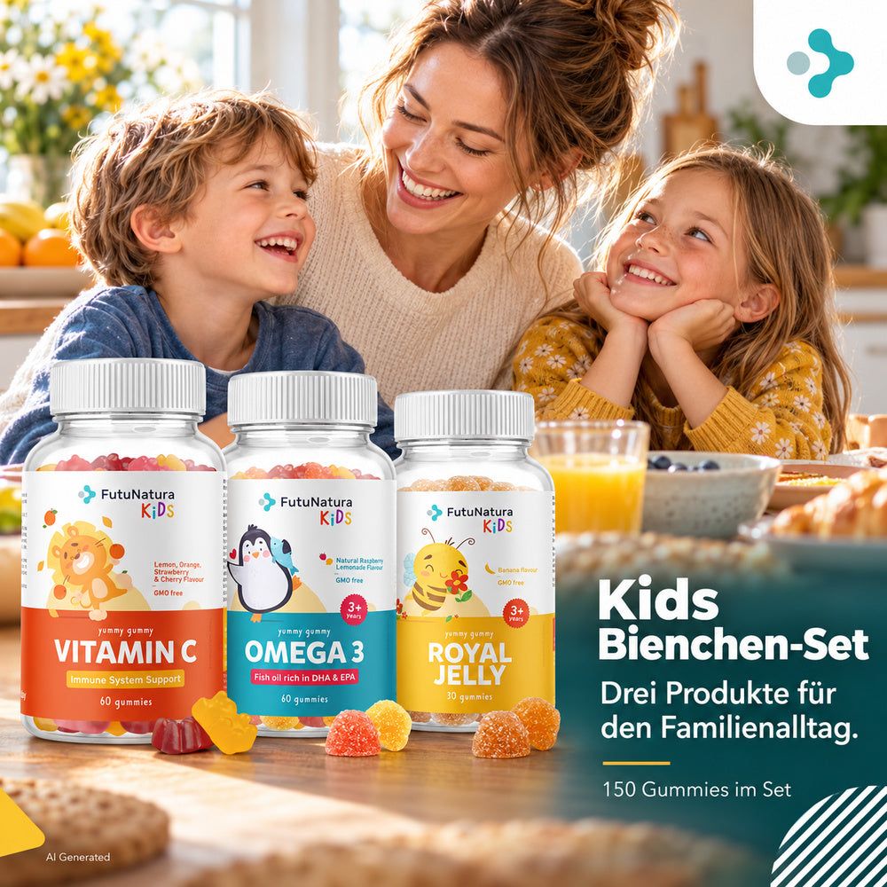 Familie mit drei Kindern und drei Flaschen FutuNatura Kids Gummis.