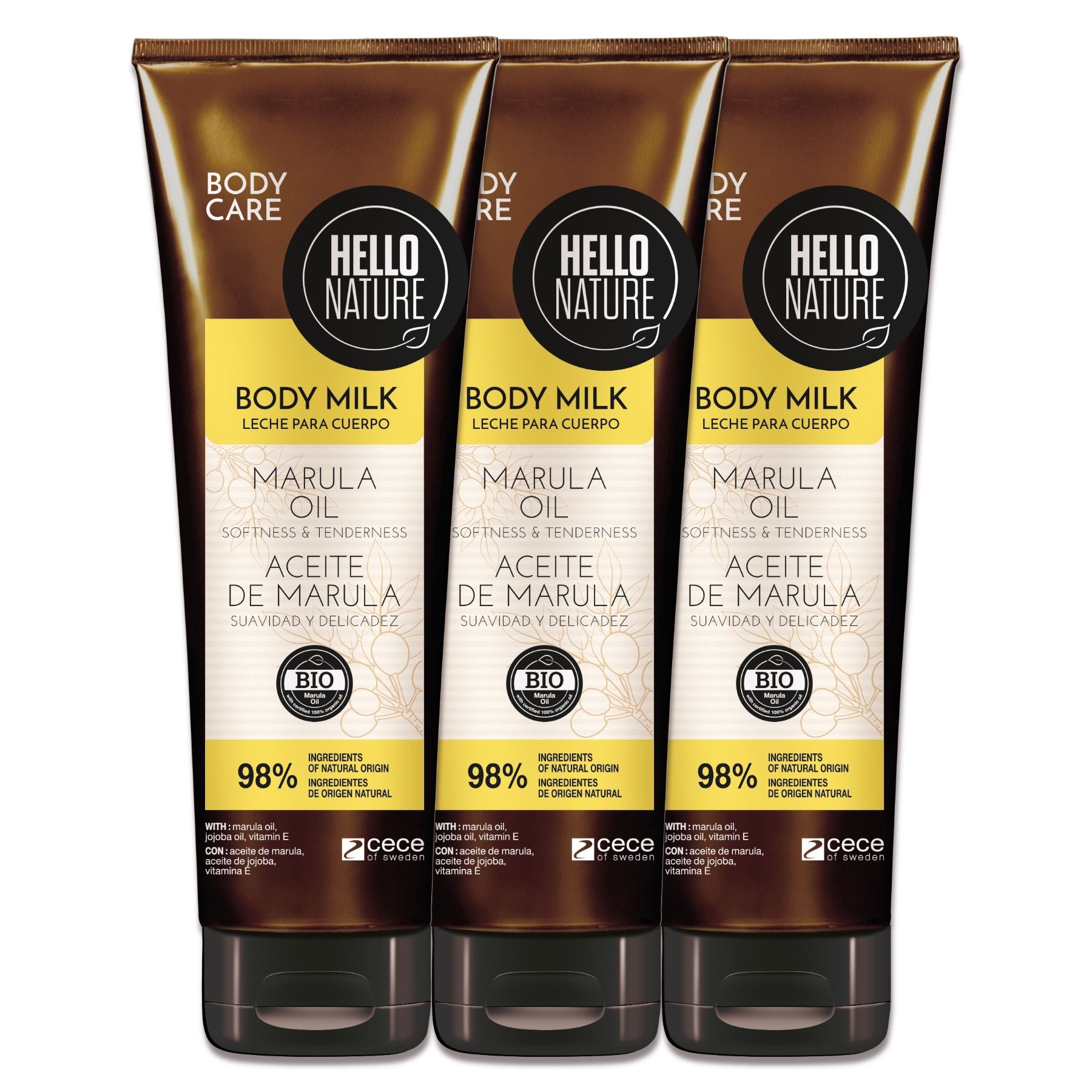 Hello Nature Tagescreme Body Milk Balm mit Marula Öl gegen trockene Haut 3x250 ml Körperlotion