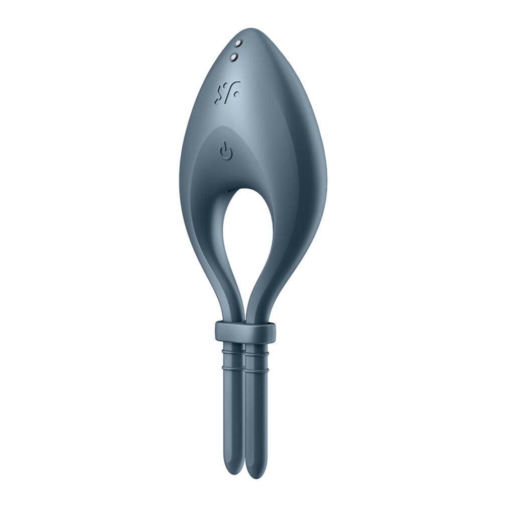 Blauer Ringvibrator. Ovale Form mit zwei Stäben. Oben befinden sich zwei Knöpfe und ein Ein-/Ausschalter.