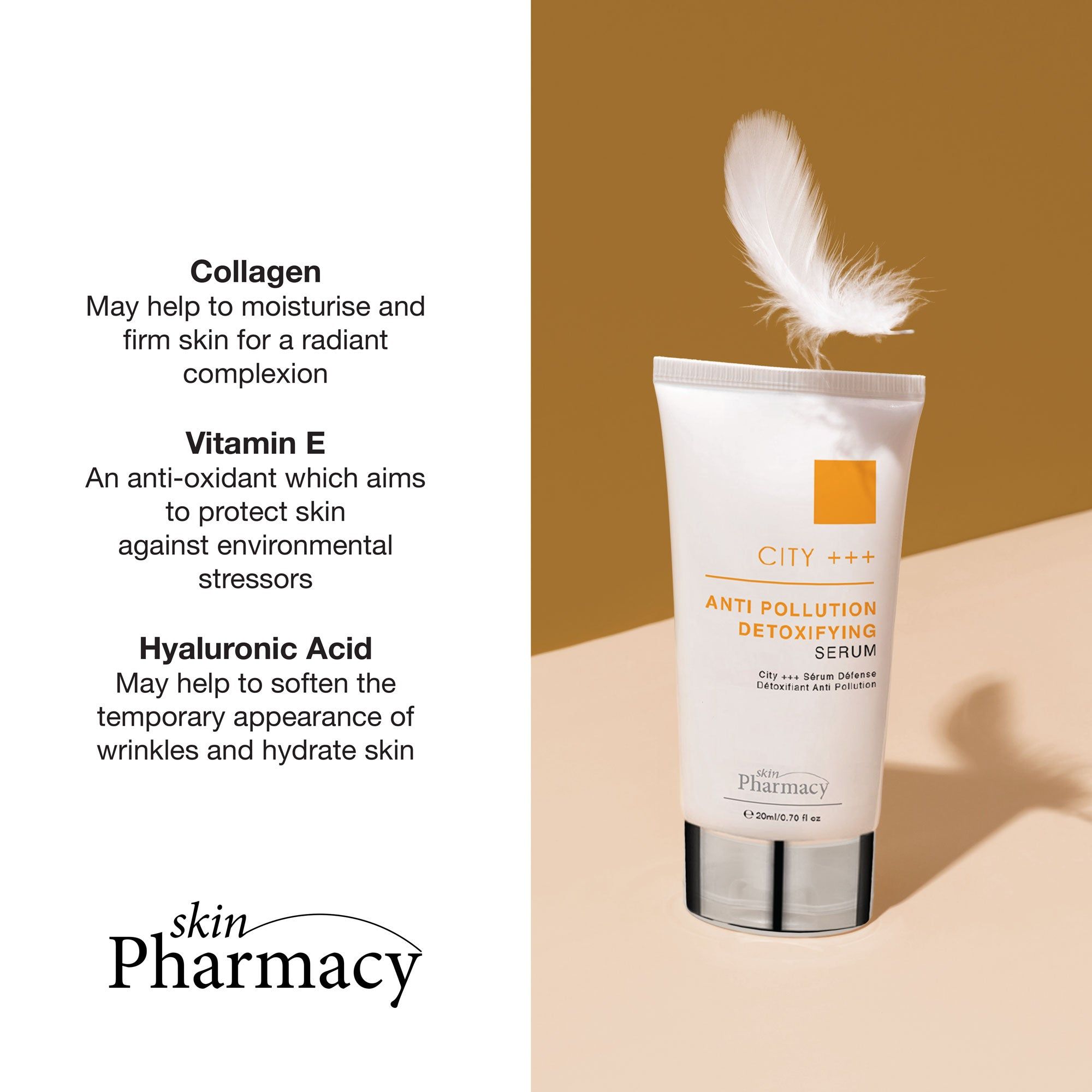 Tube mit Feder und Text. Aufschrift: CITY +++, Anti Pollution Detoxifying Serum. Marke: skinPharmacy. Inhaltsstoffe.