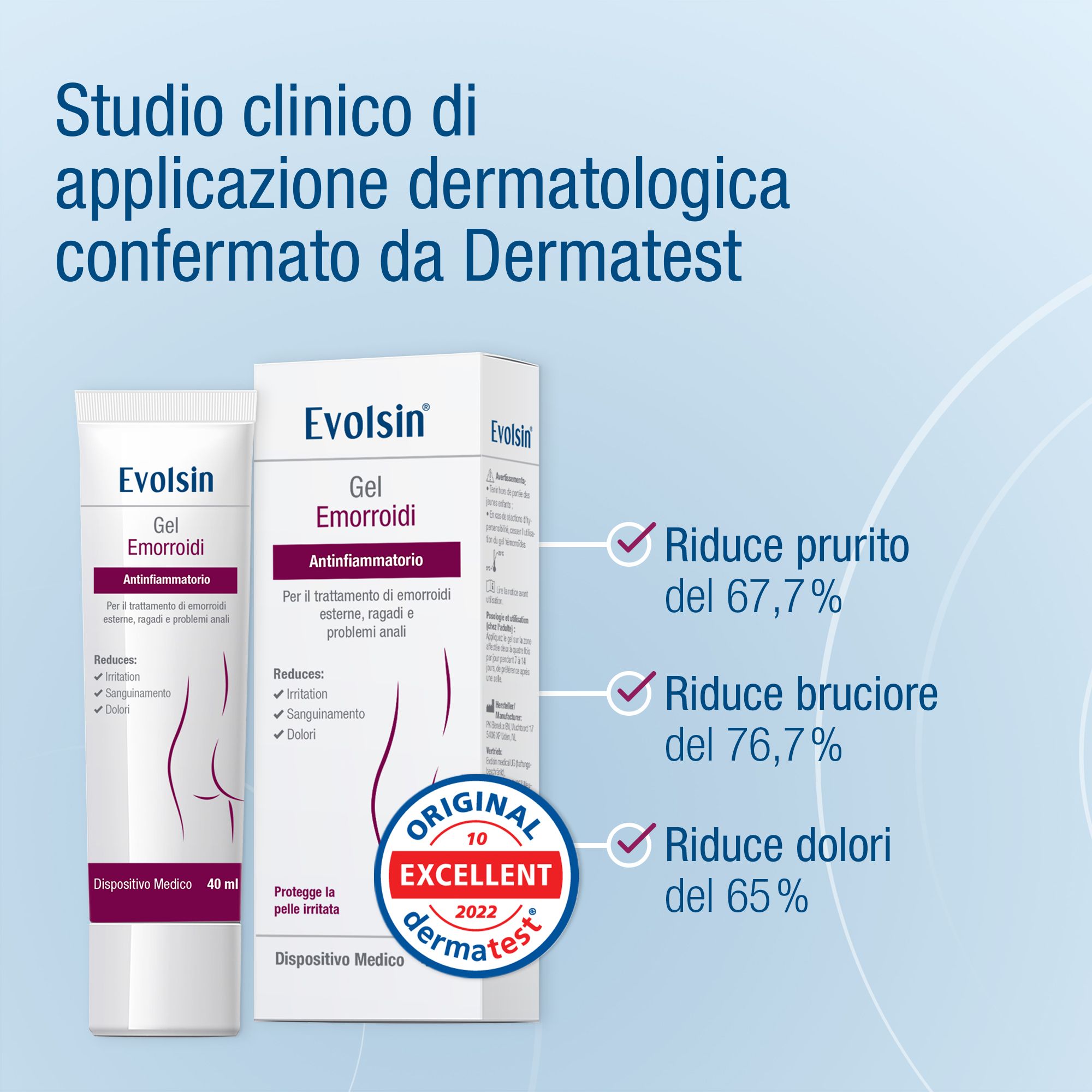 Tubo e scatola di gel. Scritta: Evolsin® Gel Emorroidi. 40 ml. Sigillo Dermatest. Istruzioni per l'uso.