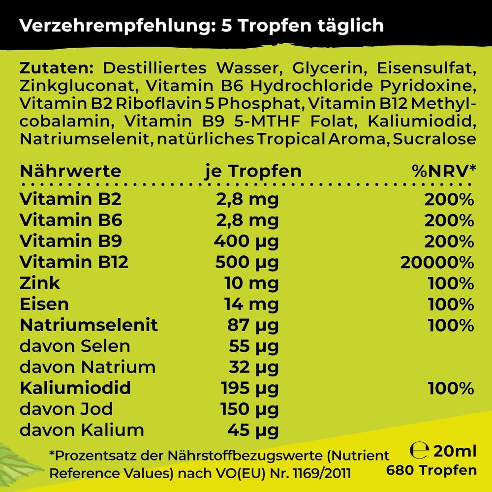 Nährwerttabelle. Enthält Informationen zu Vitaminen, Mineralien und Nährwerten pro Tropfen. Text: 20ml, 680 Tropfen.