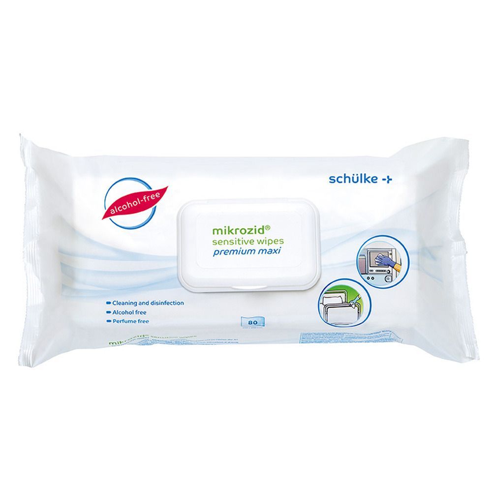 Weiße Verpackung mit "mikrozid sensitive wipes premium maxi". Logo "alkoholfrei". Text: Reinigung und Desinfektion, alkoholfrei, parfümfrei. Marke: schülke.