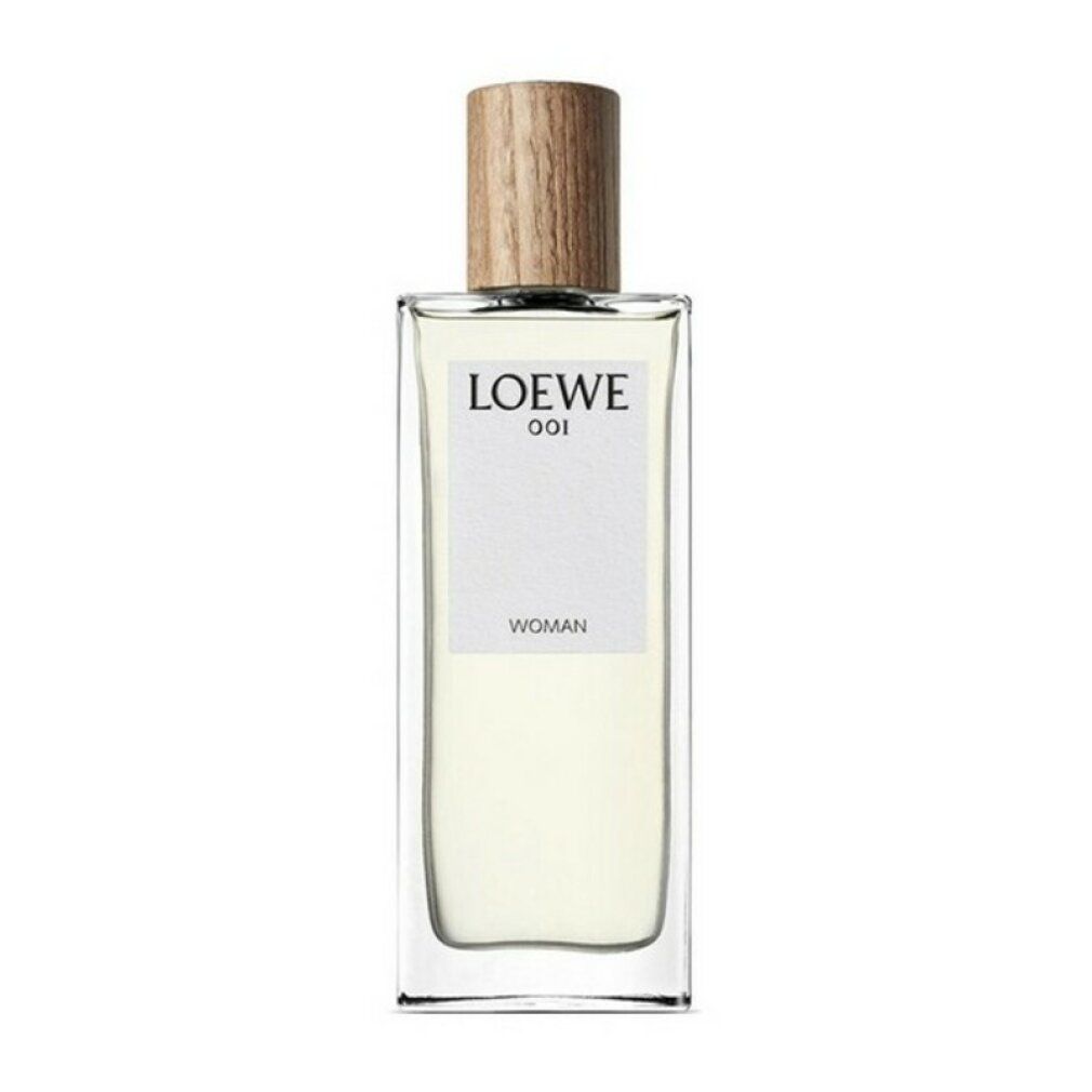 Loewe 001 Woman Edp Spray. Rechteckiger Glasflakon mit Holzverschluss. Weißes Etikett mit Logo und Schriftzug.