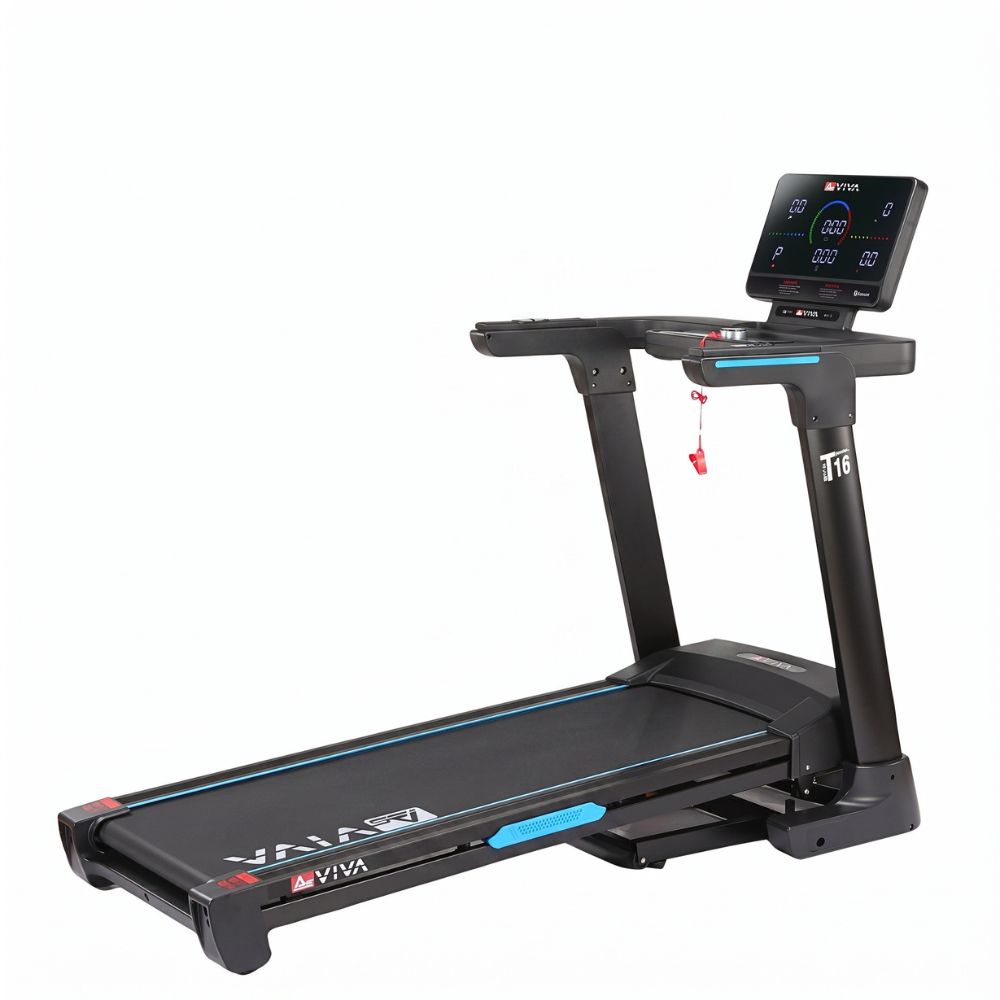 Schwarzes Laufband T16 mit digitaler Konsole und blau akzentuiertem Laufband.