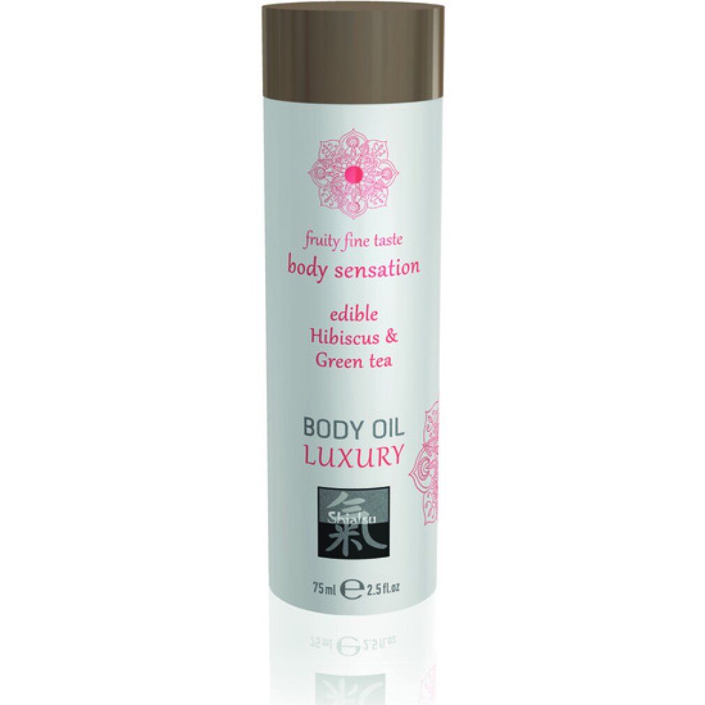 Zylindrische Flasche mit braunem Deckel. Aufschrift: Body Oil Luxury, Hibiskus & Grüntee. Logo und Text in Rosa.
