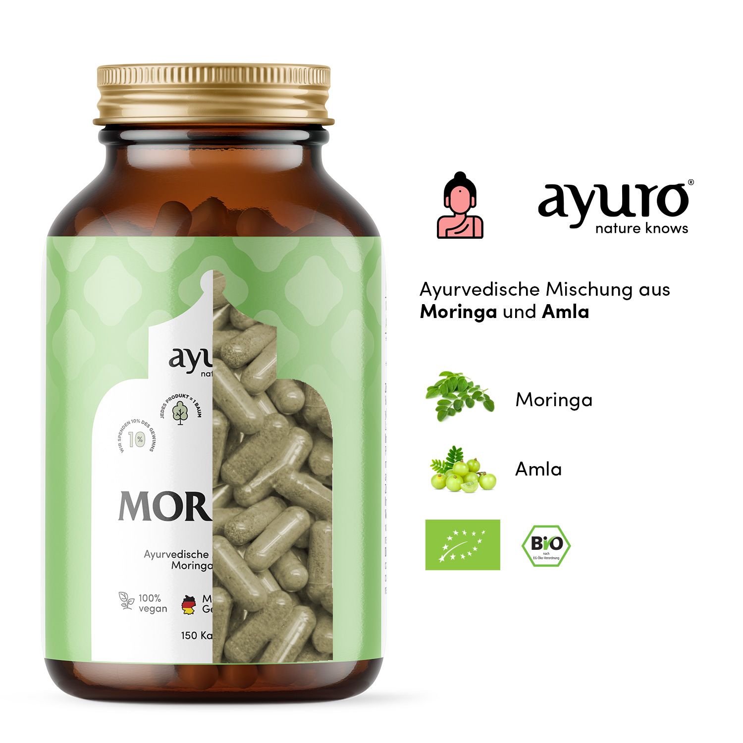 Glasflasche mit Kapseln. Text: MORINGA+, ayurvedische Mischung. ayuro Logo. Bio-Siegel. 150 Kapseln. Moringa und Amla.