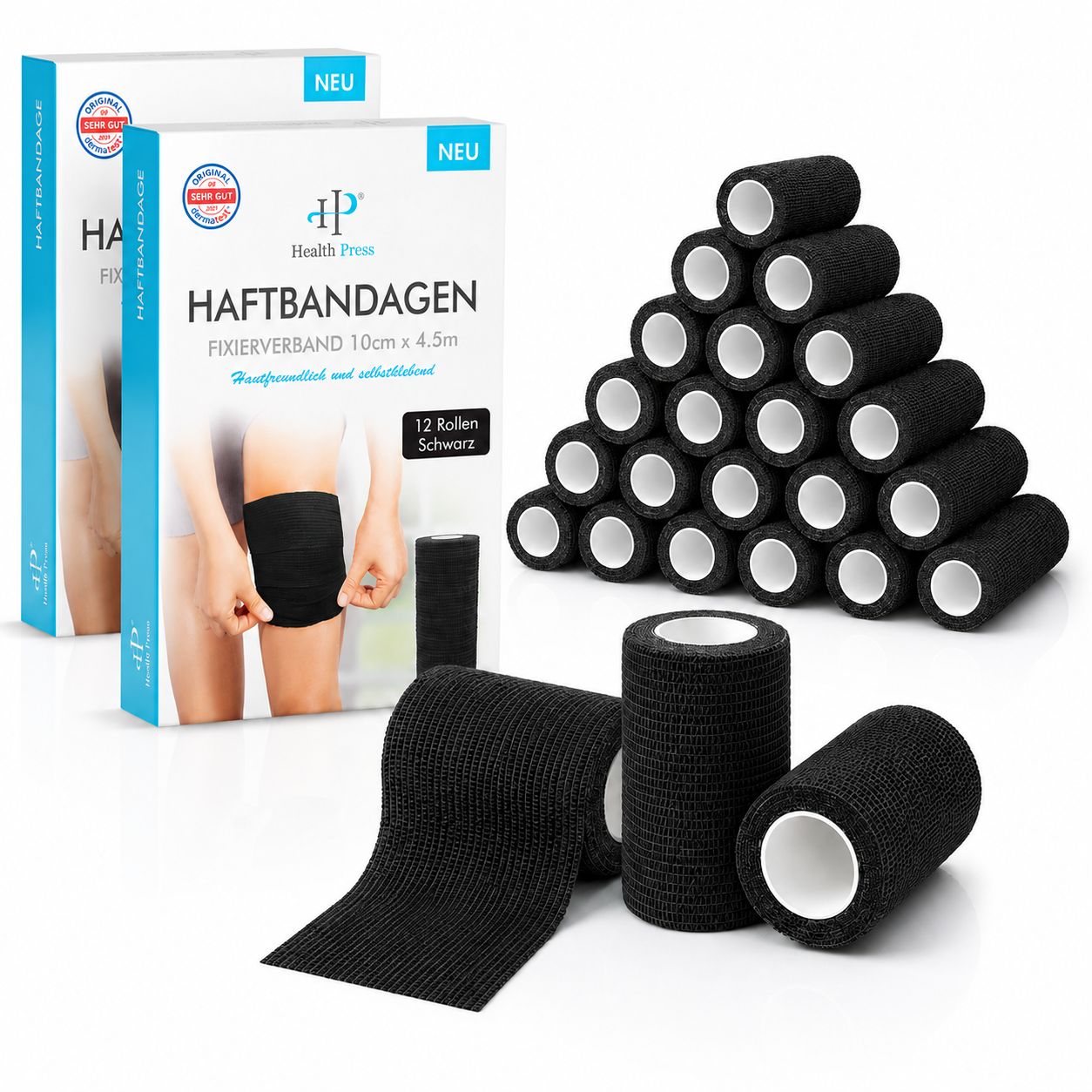 Health Press Haftbandage: Rollen und Verpackungen in Schwarz.
