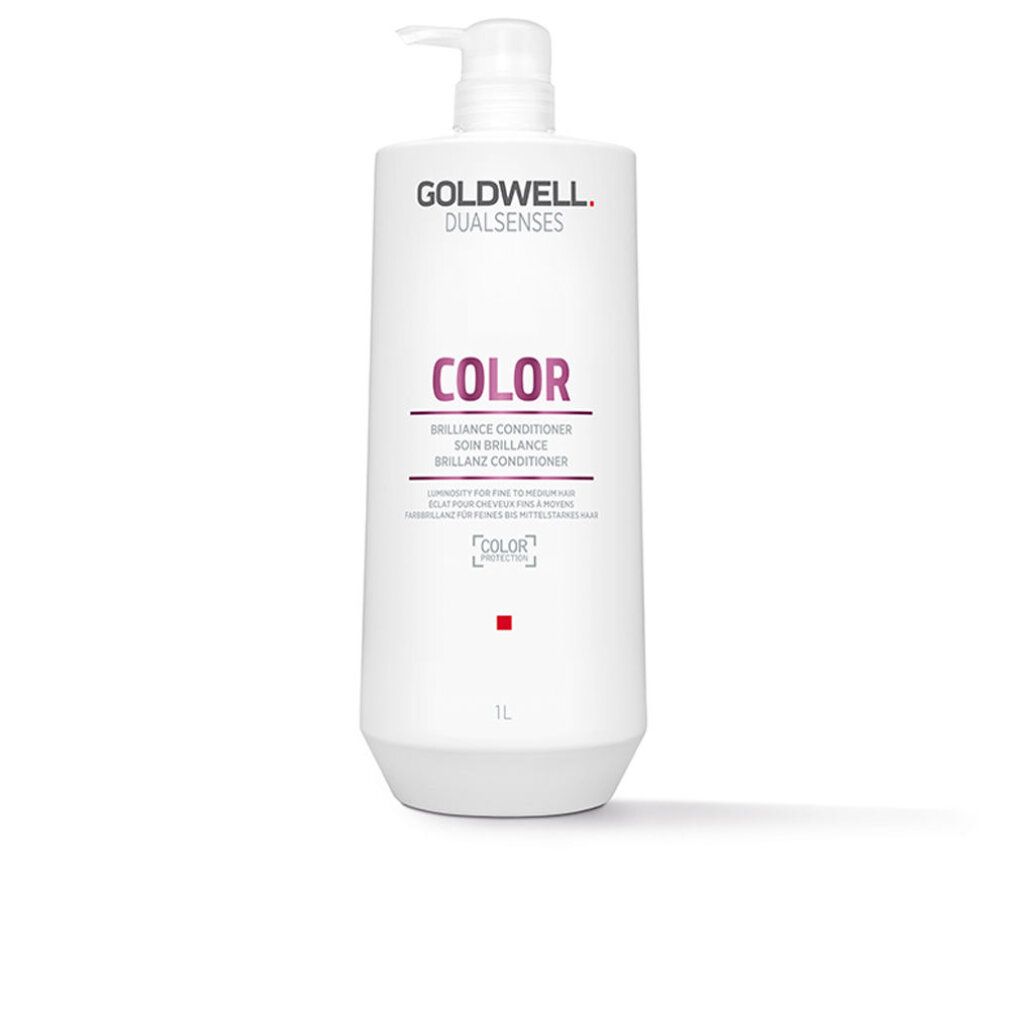 Goldwell Dual Senses Color Conditioner Flasche. Weiß, mit Pumpverschluss. Schriftzug: COLOR, Brilliance Conditioner. 1L.