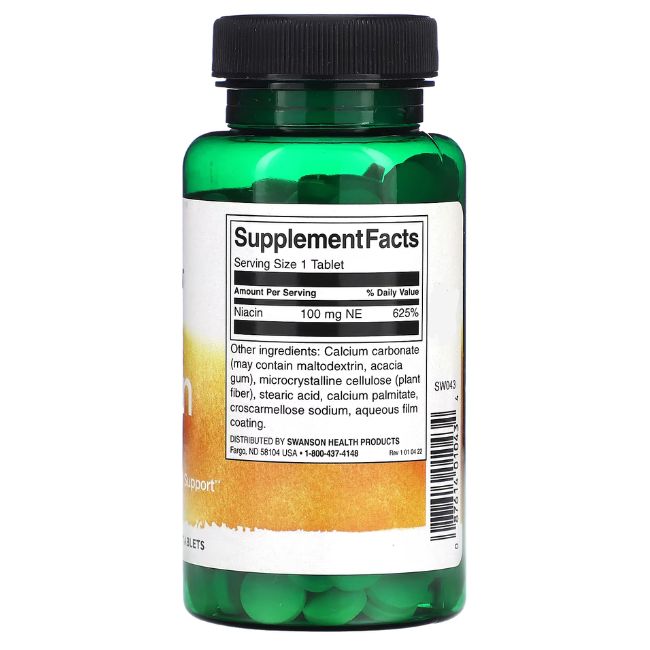 Rückseite einer grünen Flasche mit Tabletten. Etikett mit Nährwertangaben, "Niacin 100 mg" und Inhaltsstoffen.