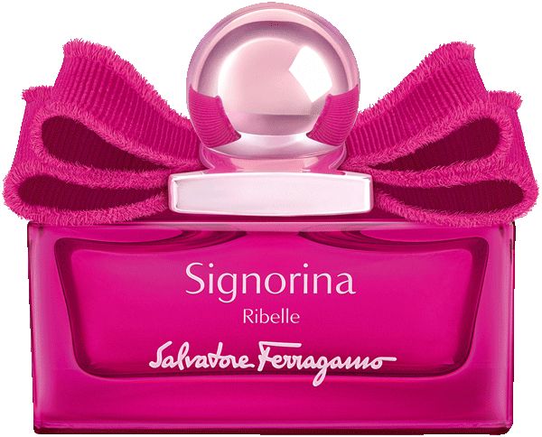 Salvatore Ferragamo Signorina Ribelle Eau de Parfum in einem rechteckigen, pinken Flakon mit Schleifen-Applikation und kugelförmigem Verschluss.