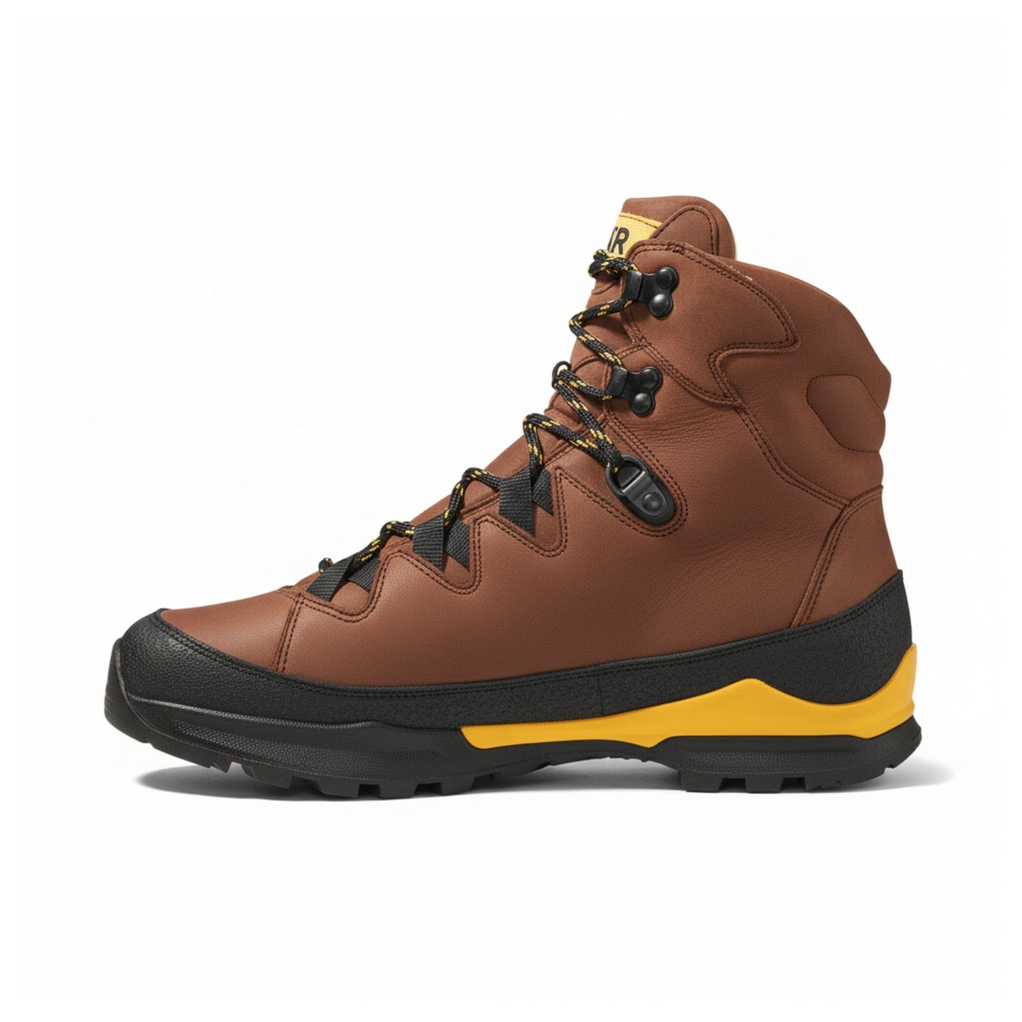 Brauner Herren-Wanderstiefel mit gelben Akzenten und Schnürung, Seitenansicht.