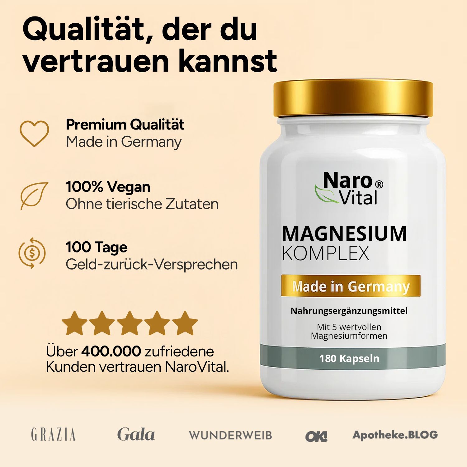Weiße Flasche mit goldfarbenem Deckel. Aufschrift: Magnesium Komplex. 180 Kapseln. Made in Germany. Qualität, der du vertrauen kannst.