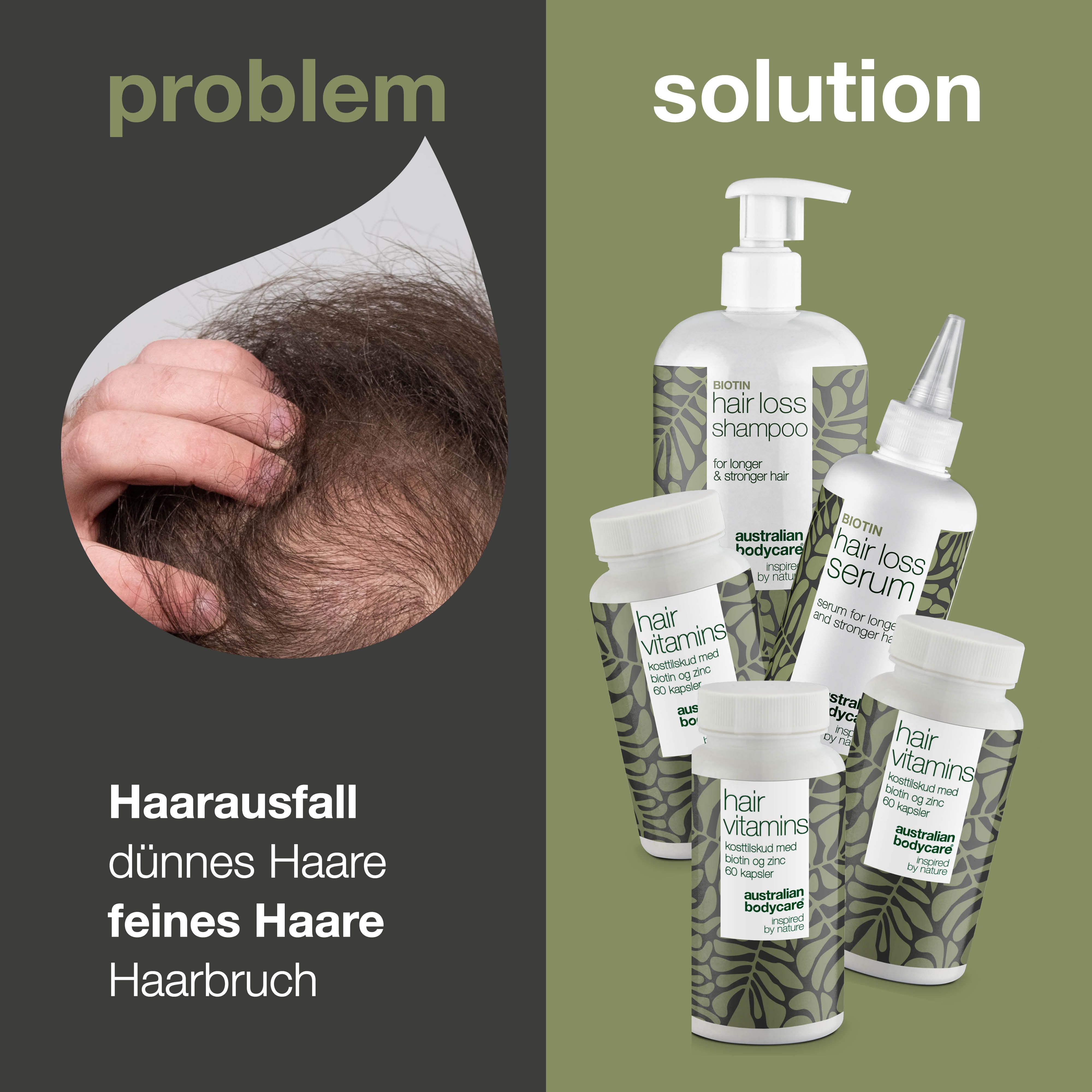 Haaransatz und Produkte. Aufschrift: Hair Loss Shampoo, Hair Loss Serum, Hair Vitamins. Marke: Australian Bodycare.