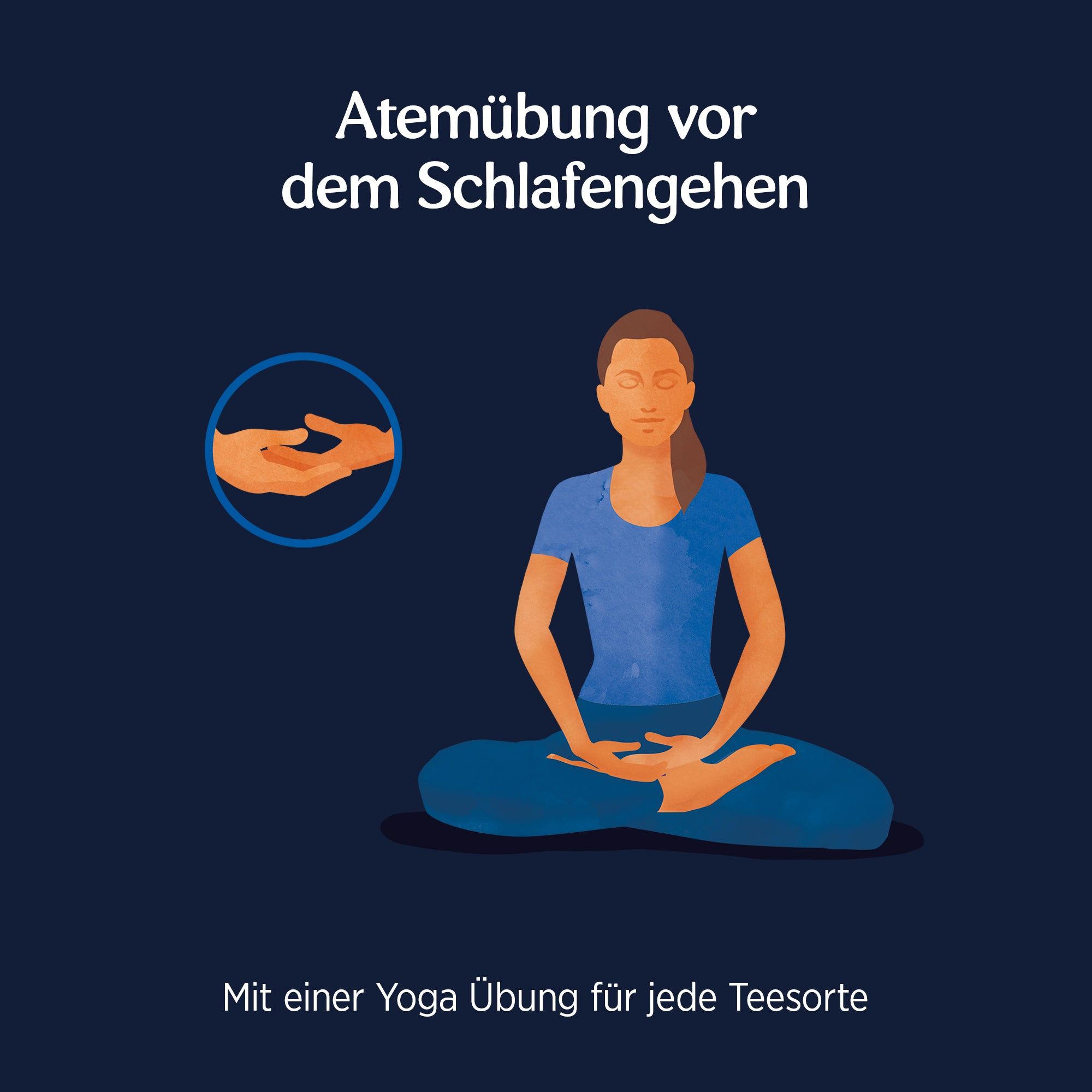 Illustration einer Person in Yoga-Position. Hände-Symbol. Text: Atmen vor dem Schlafengehen. Mit Yoga-Übung.