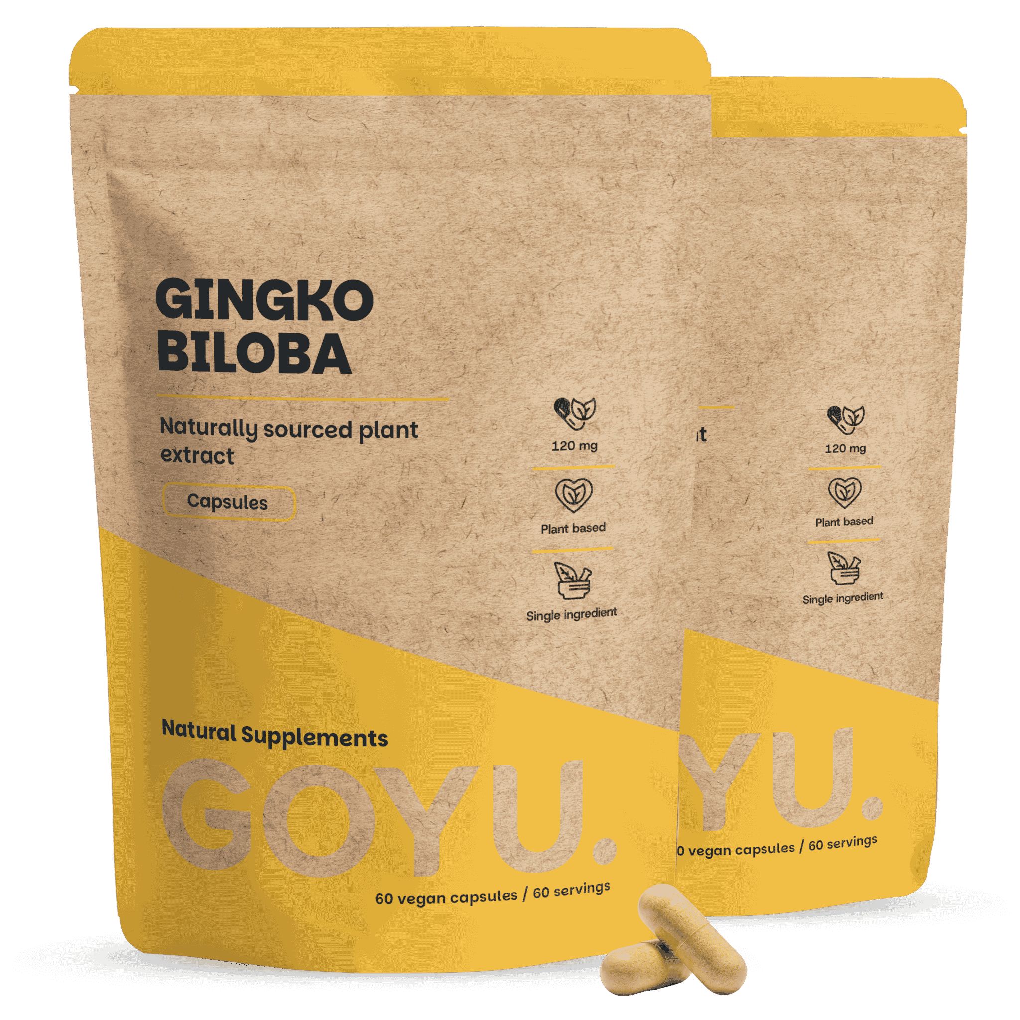 Zwei Packungen GOYU Gingko Biloba Kapseln, 60 vegane Kapseln pro Packung. Natürlicher Pflanzenextrakt.