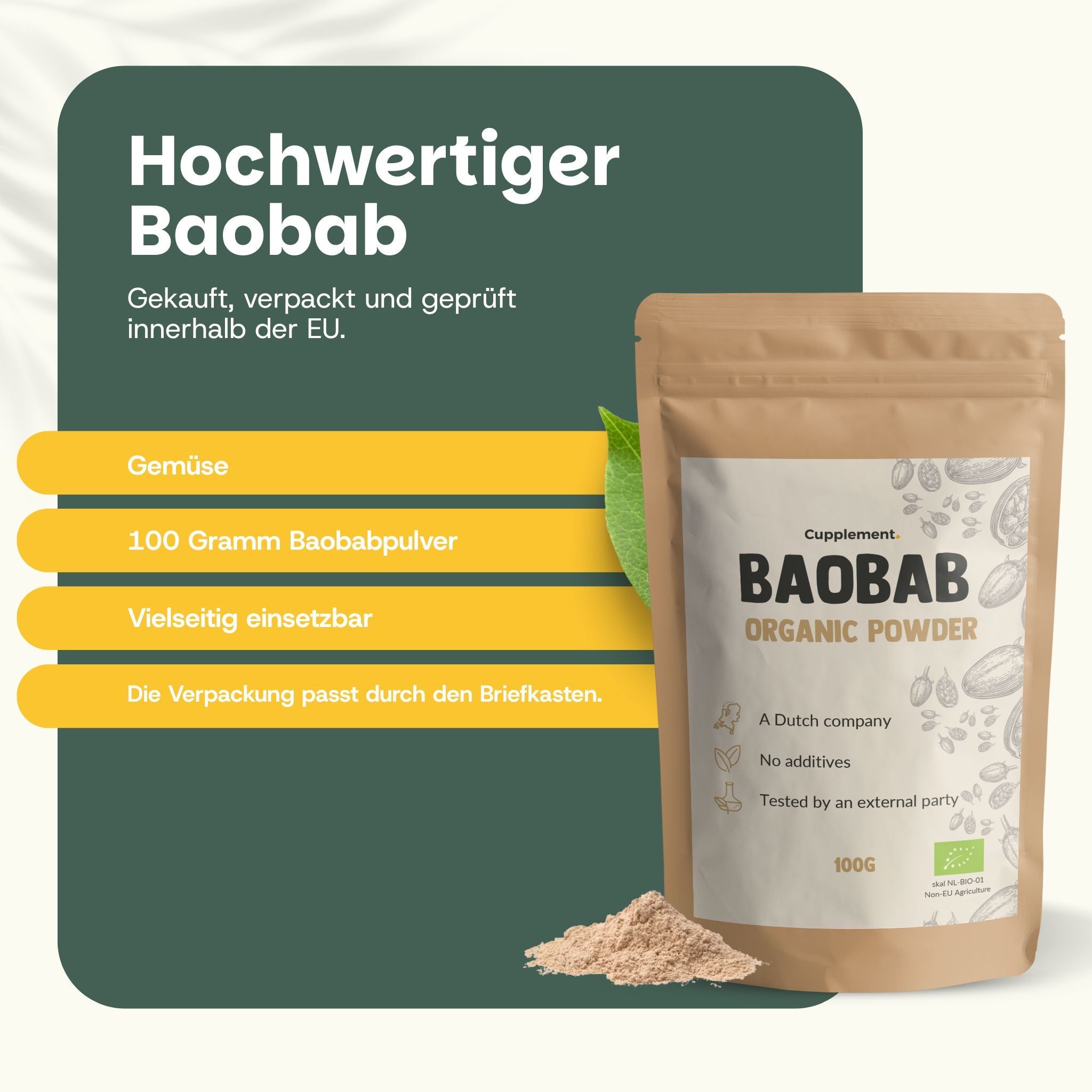 Beutel mit Baobab-Pulver. Text: Hochwertiger Baobab. 100 Gramm Baobabpulver. Verpackung passt durch Briefkasten.