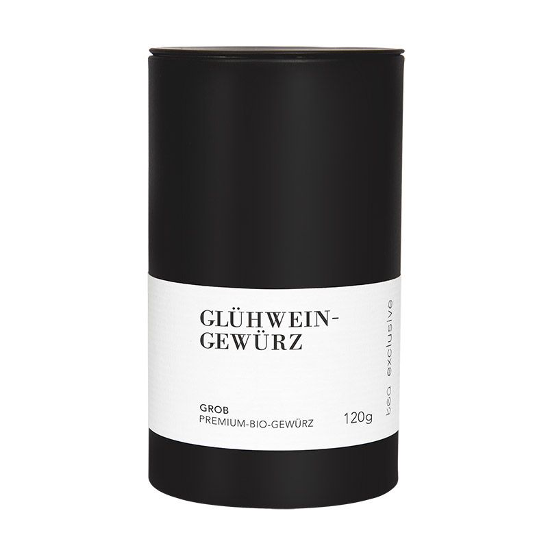 Schwarze zylindrische Dose mit weißem Etikett. Aufschrift: Glühwein-Gewürz, Premium-Bio-Gewürz, 120g. Logo: tea exclusive.