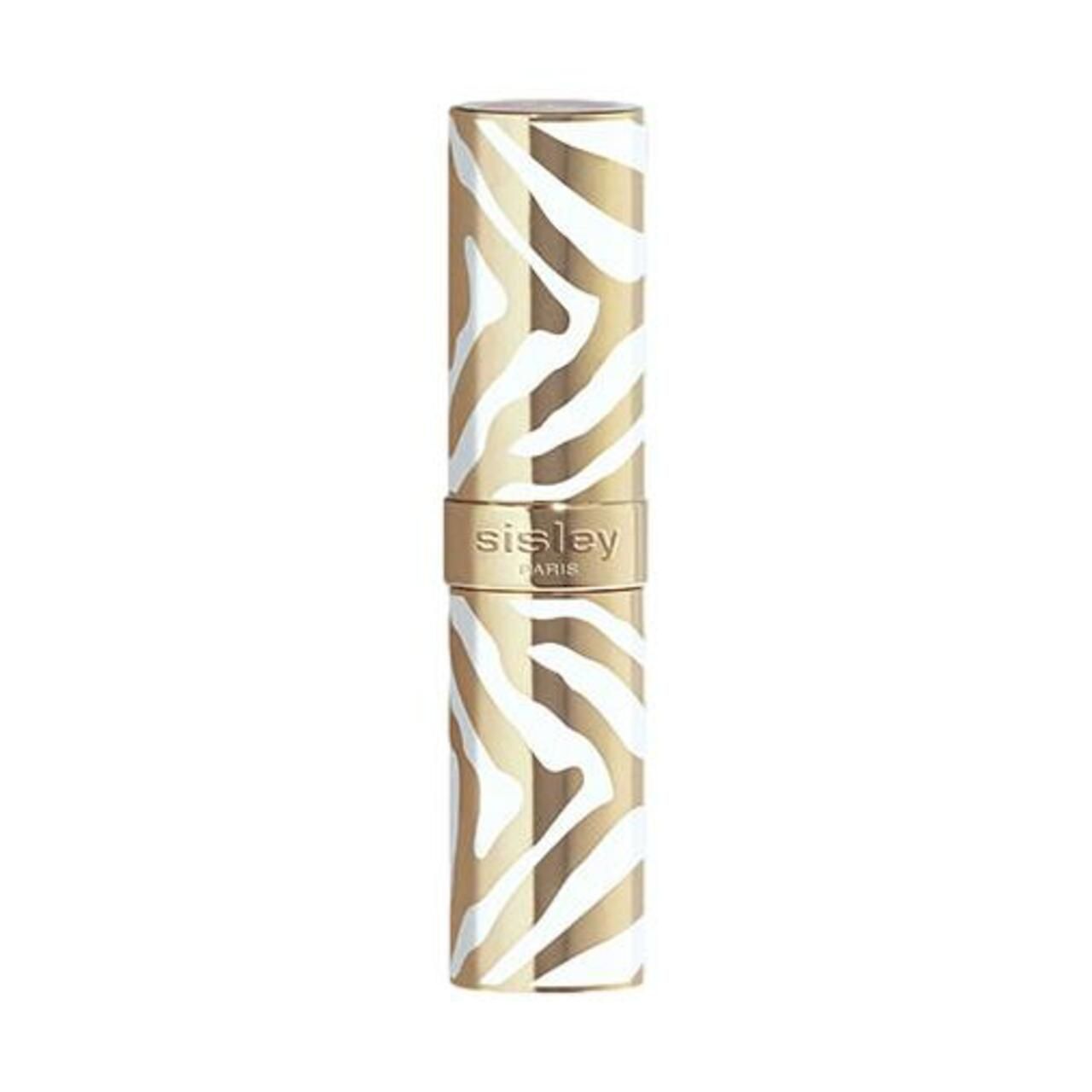 Geschlossener Lippenbalsam mit goldfarbenem Gehäuse und Zebra-Muster. Marke: Sisley Paris. Produkt sichtbar.