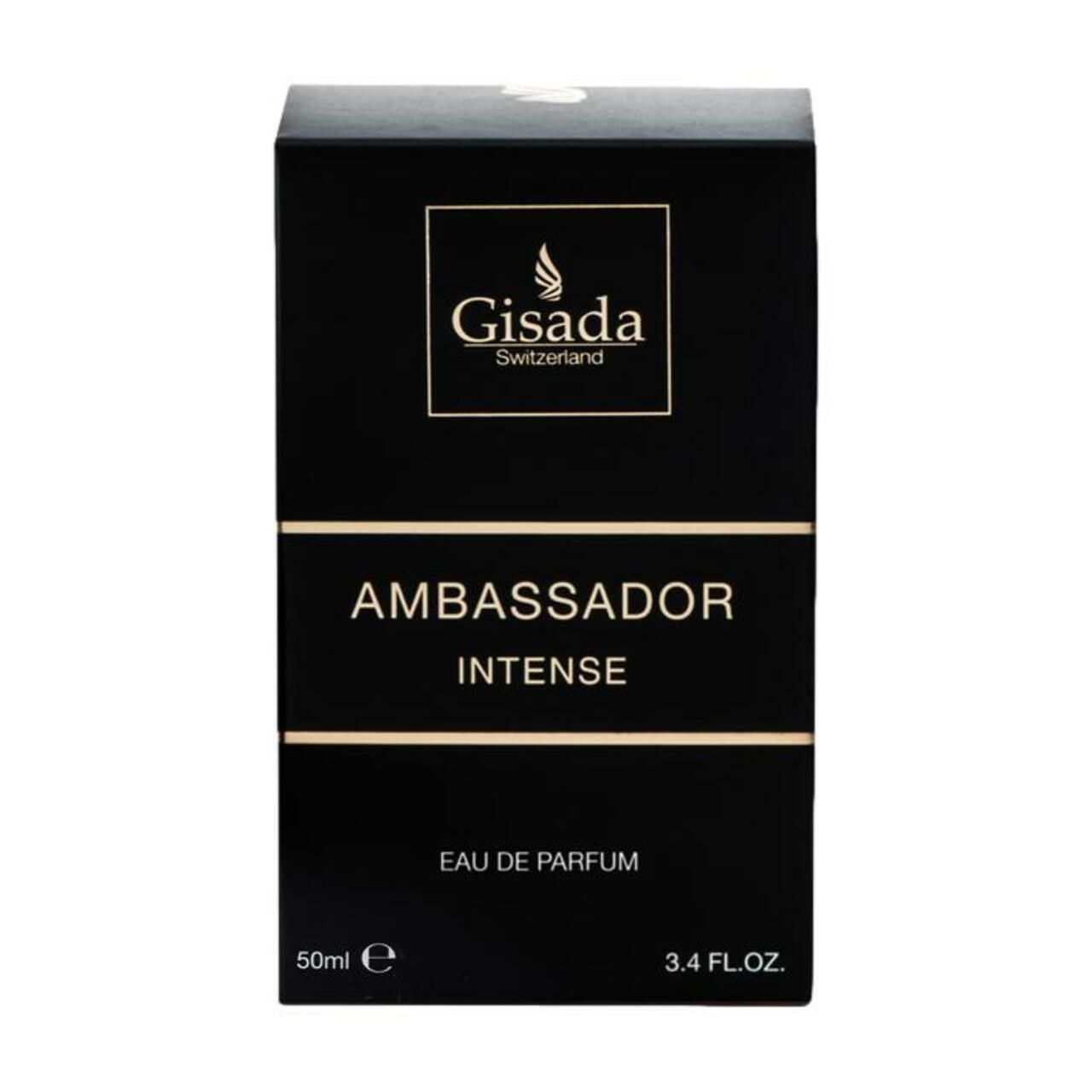 Schwarzer Karton mit goldfarbenem Logo und Schriftzug. Enthält "Gisada Switzerland", "Ambassador Intense", "Eau de Parfum".