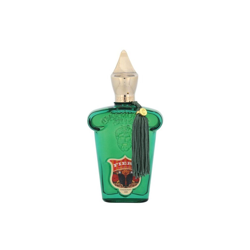 Grüne Glasflasche mit goldener Kappe und Quaste. Auf der Flasche ist das Wort „Fiero“ zu sehen.