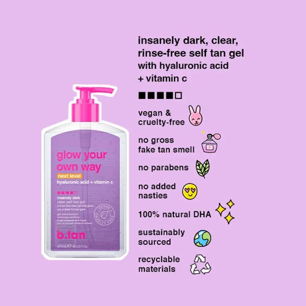 Produktflasche mit Text und Icons. Text: vegan & tierversuchsfrei, kein schlechter Geruch, keine Parabene, keine Zusatzstoffe, 100% natürliches DHA.