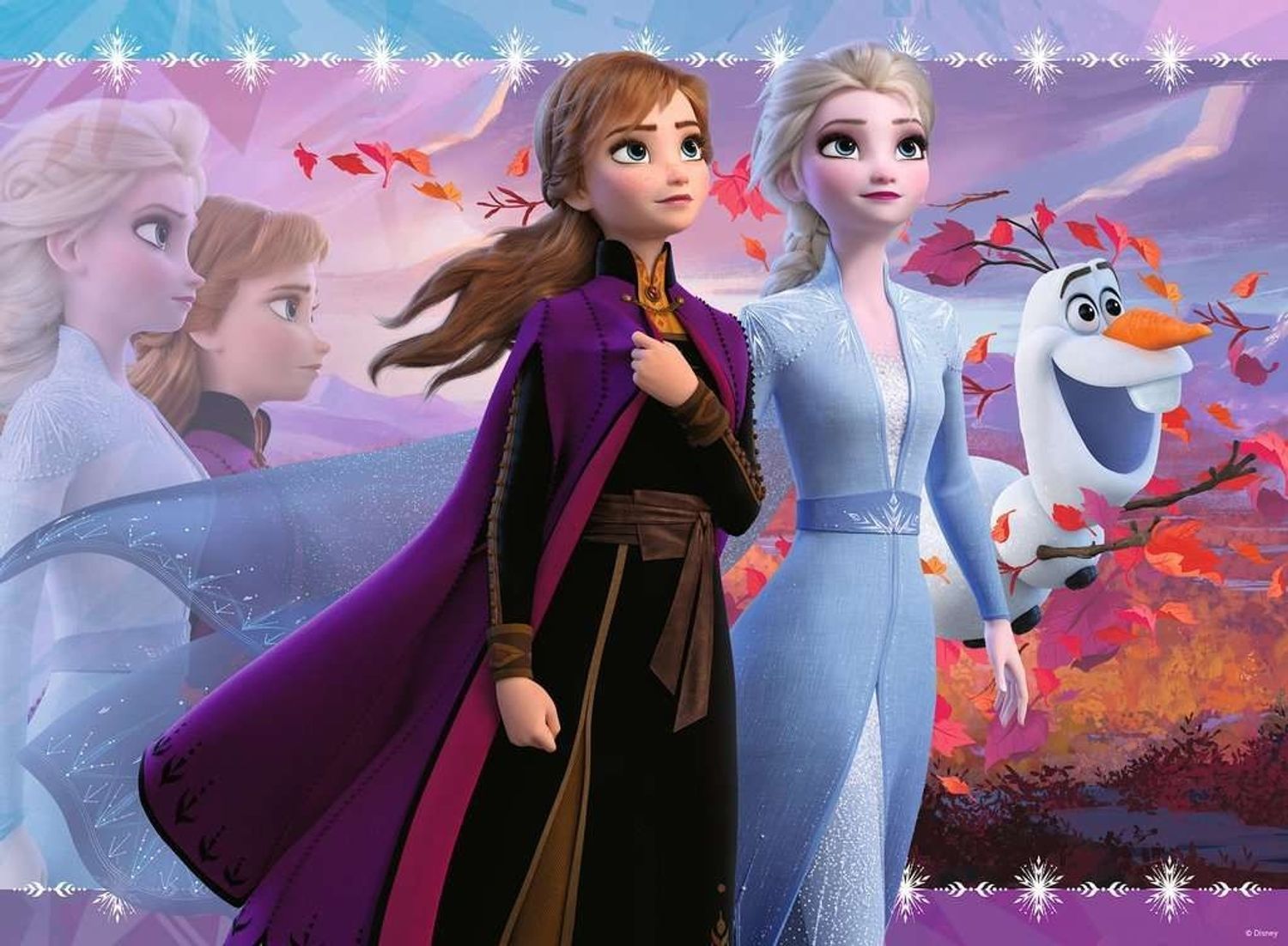 Puzzle-Motiv mit Anna, Elsa und Olaf aus Frozen II. Herbstliche Szene mit Figuren vor farbigem Hintergrund.