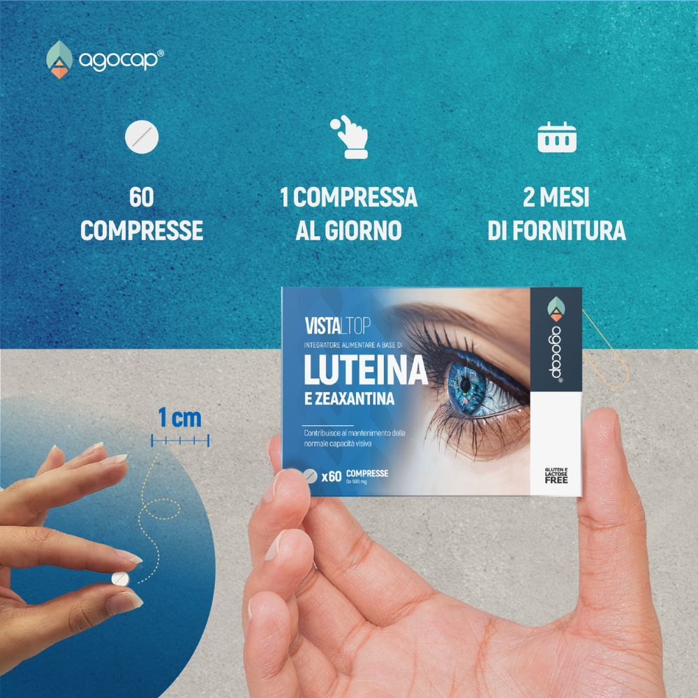 Primo piano di una compressa e confezione Vistaltop. Testo: 60 compresse, 1 compressa al giorno, 2 mesi di fornitura. Senza glutine.