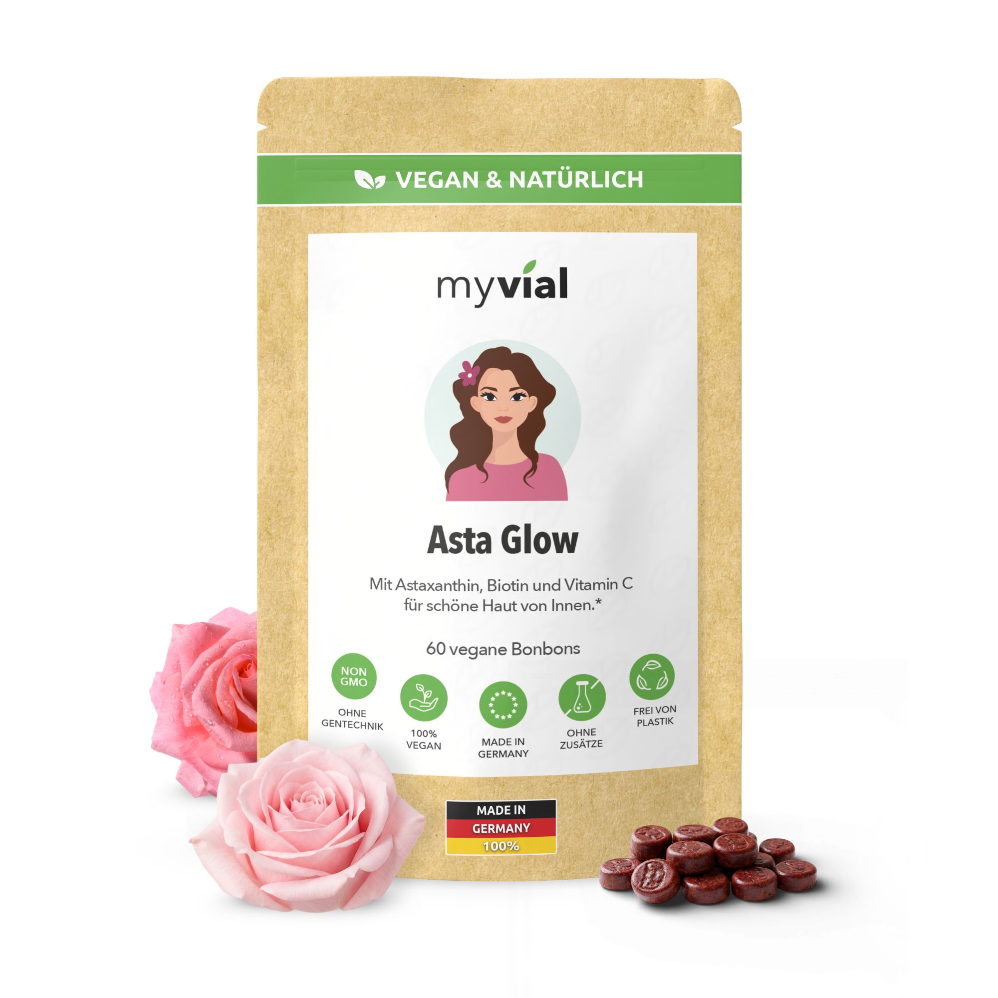 myvial® Asta Glow Bonbons - mit Astaxanthin, Biotin & Vitamin C vegan zuckerfrei 60 St