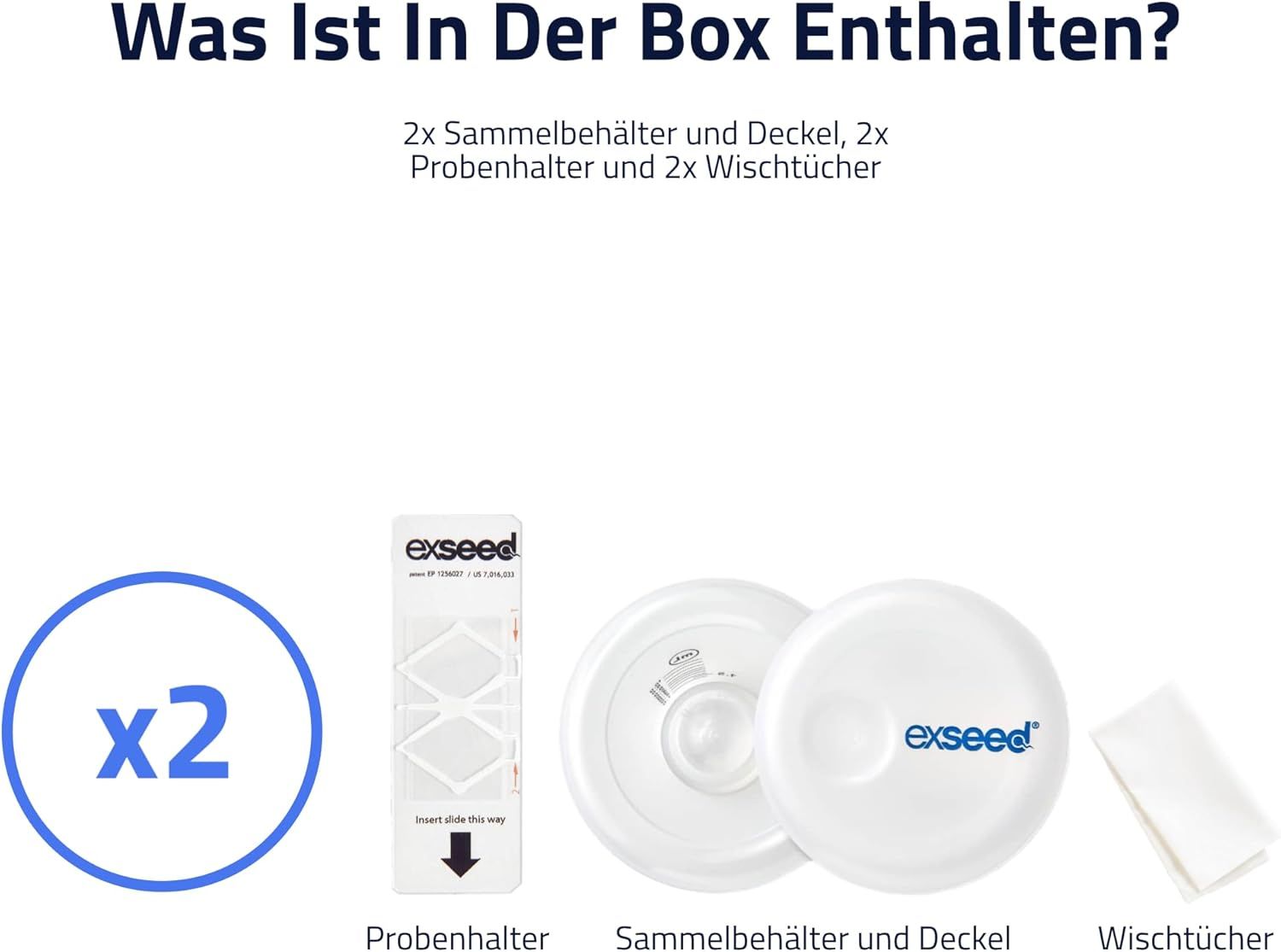 Inhalt der Box: 2 Sammelbehälter und Deckel, 2 Probenhalter und 2 Wischtücher. Text: ExSeed.